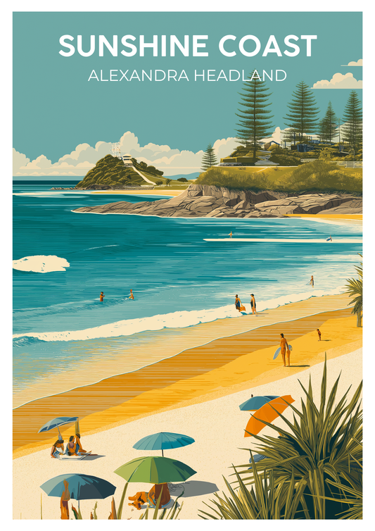 Vintage Alexandra Headland Sunshine Coast travel poster wall art print – Atlas Prints