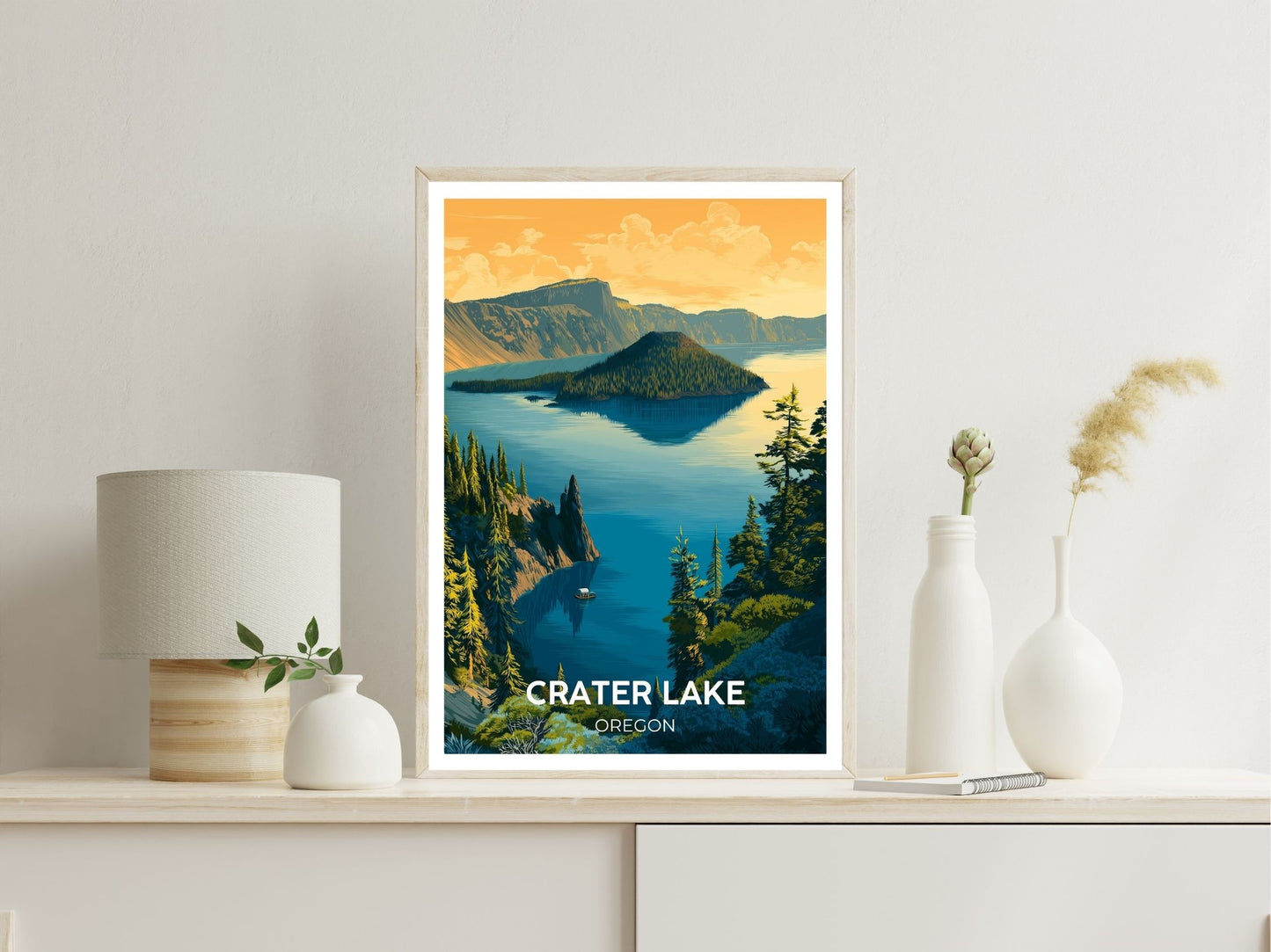 Crater Lake Oregon wall art print displayed in bedroom – Atlas Prints