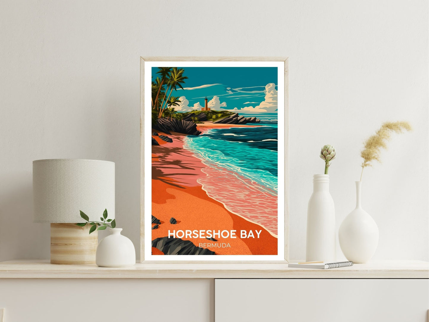 Gallery wall display of Horseshoe Bay Bermuda travel poster – Atlas Prints