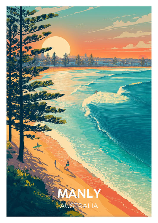Manly Australia Beach Poster, Vintage Coastal Wall Art, Surfing Sunset Print