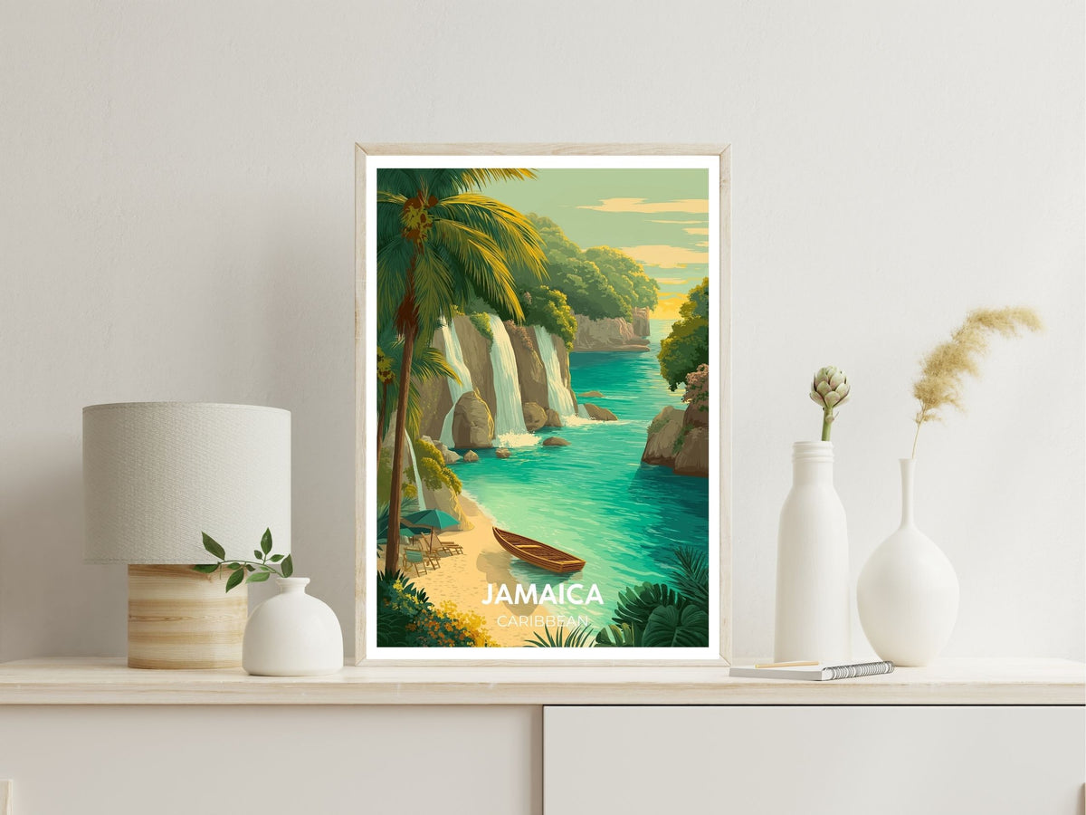 Jamaica Caribbean wall art print displayed in bedroom – Atlas Prints