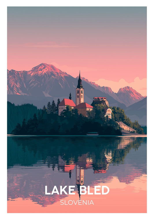 Vintage Lake Bled Slovenia travel poster wall art print – Atlas Prints