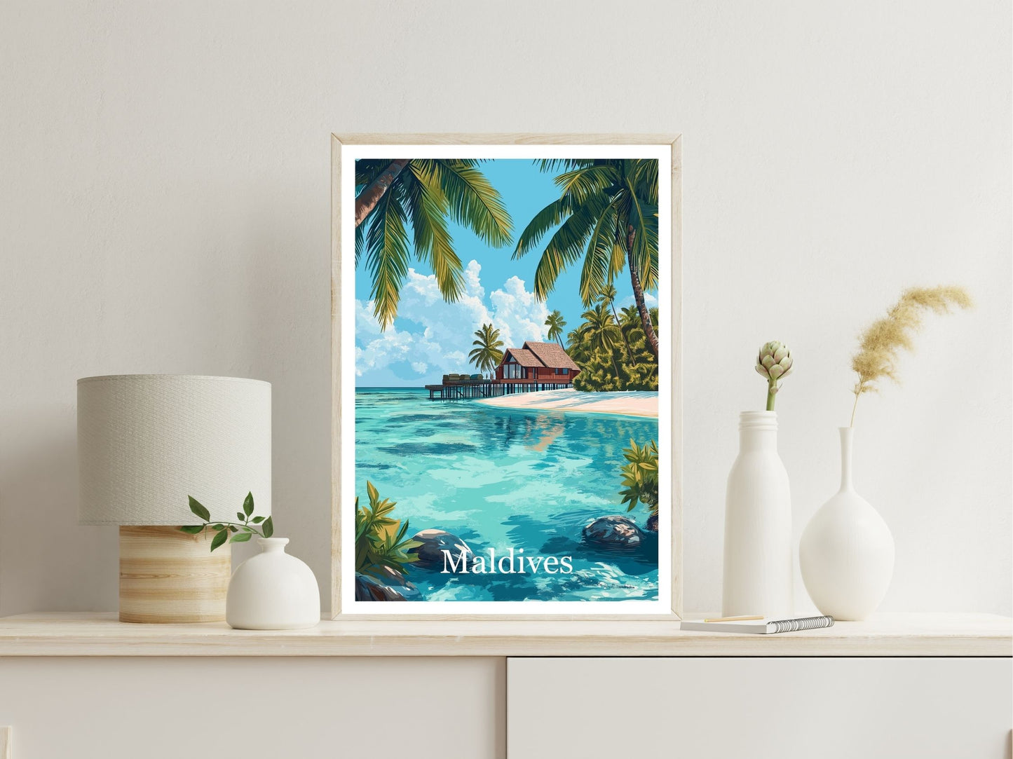 Maldives wall art print displayed in bedroom – Atlas Prints