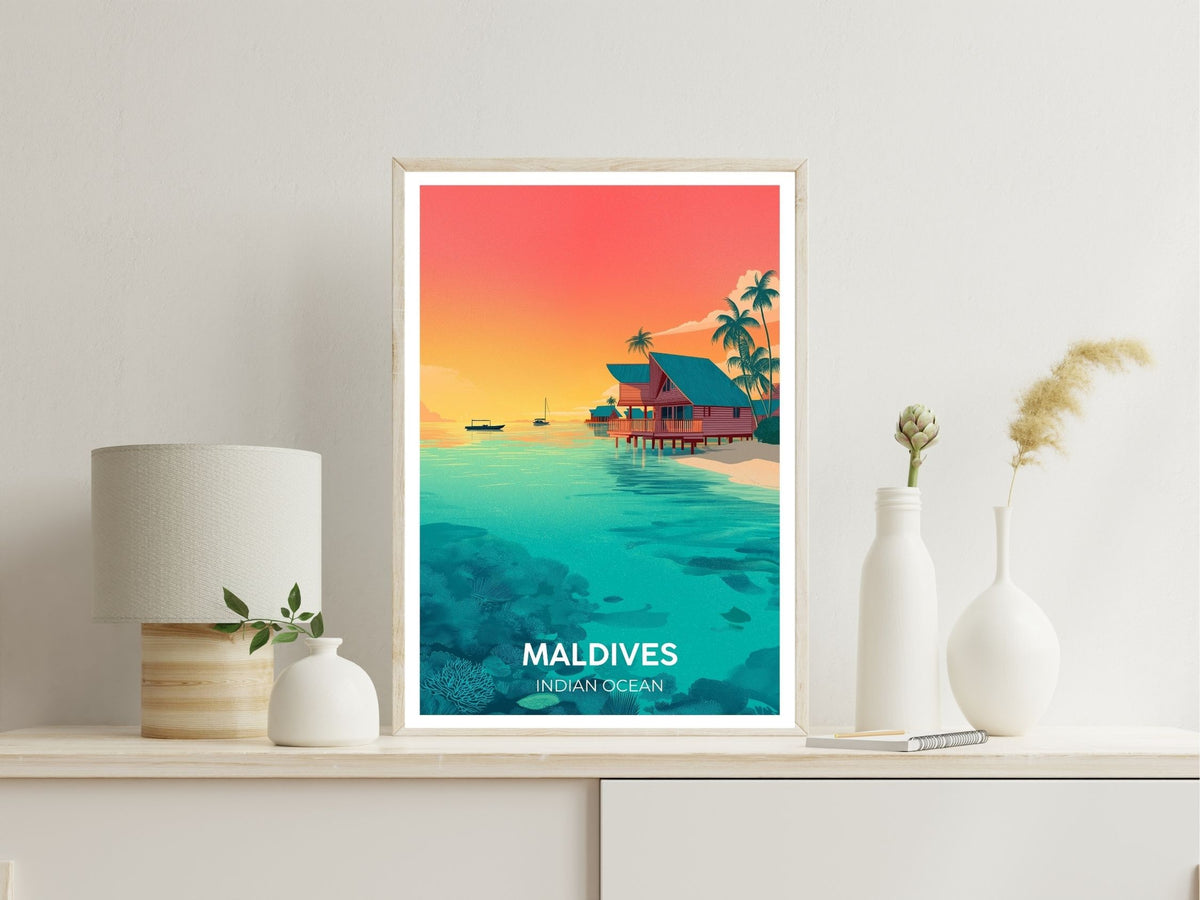 Maldives Indian Ocean wall art print displayed in bedroom – Atlas Prints