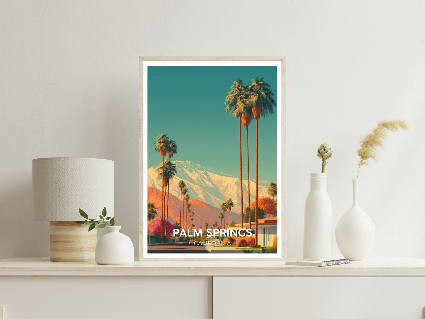 Palm Springs California wall art print displayed in bedroom – Atlas Prints