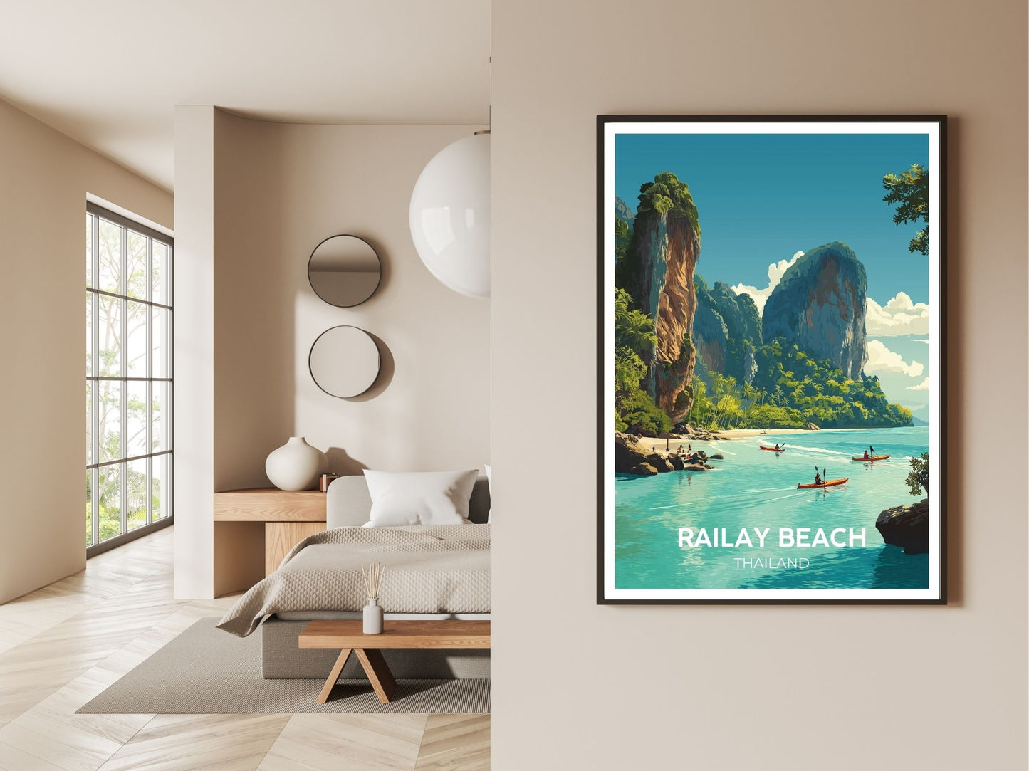 Gallery wall display of Railway Beach travel poster – Atlas Prints