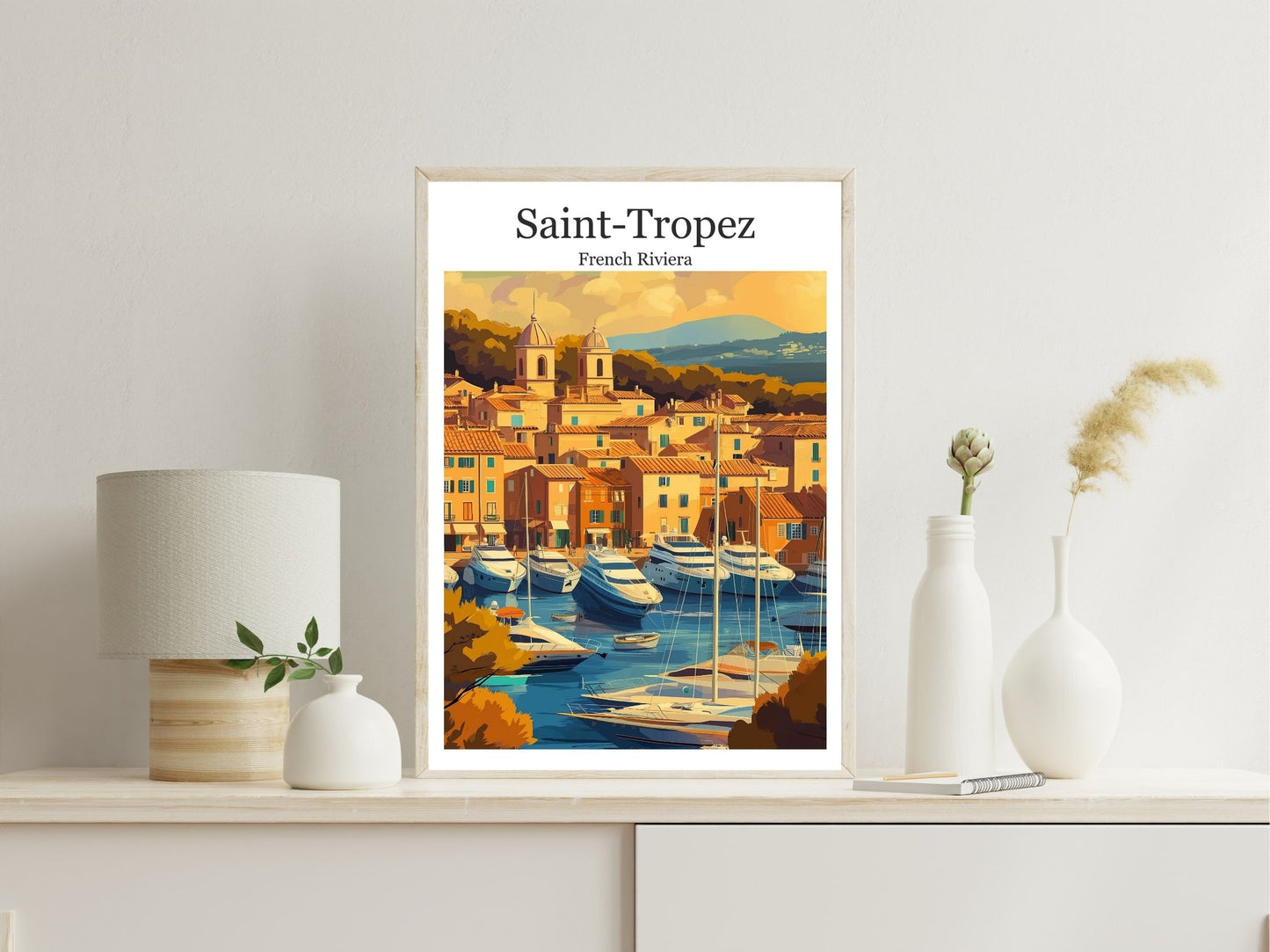 Saint Tropez wall art print displayed in bedroom – Atlas Prints