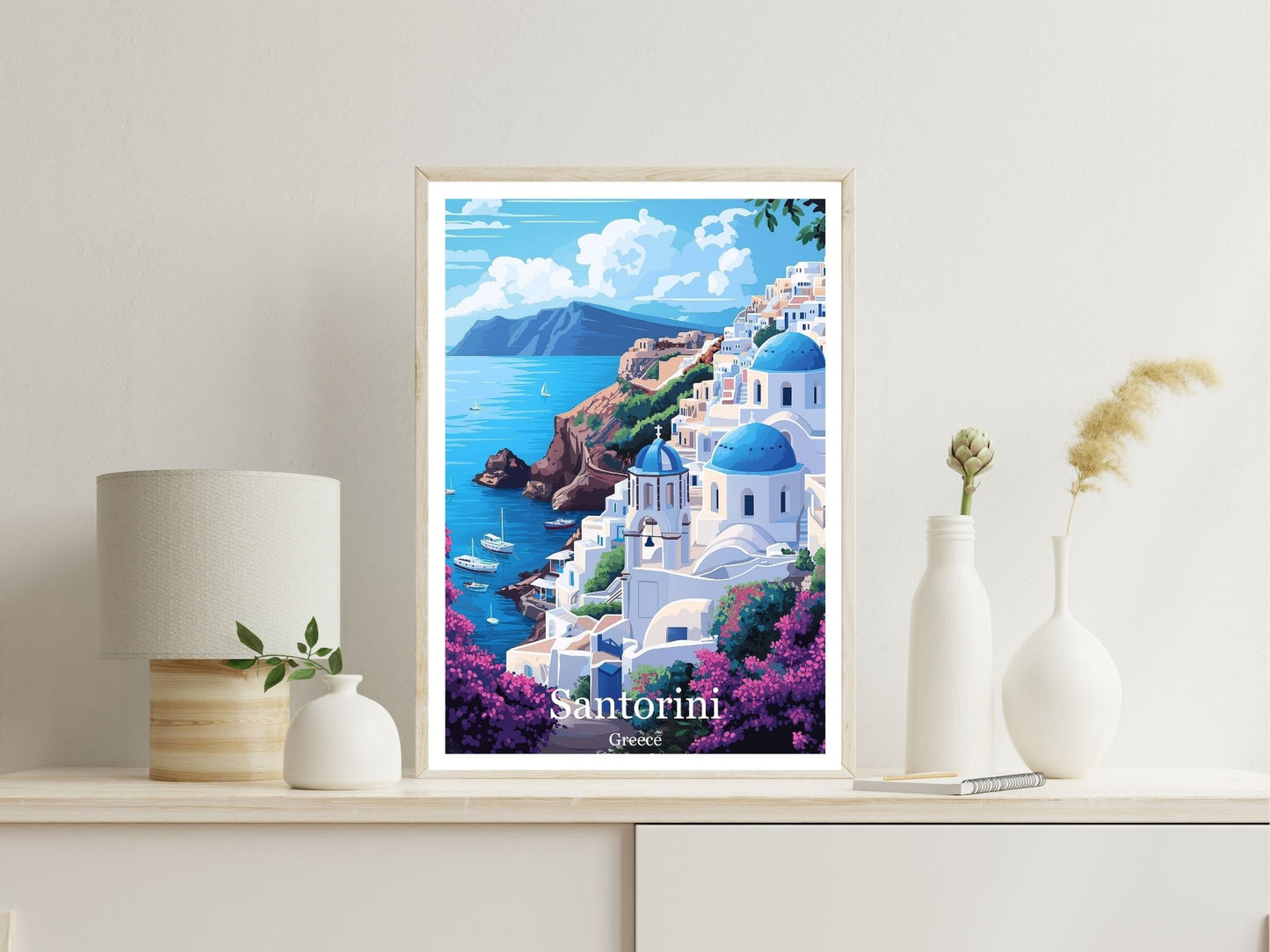 Santorini Greece wall art print displayed in bedroom – Atlas Prints