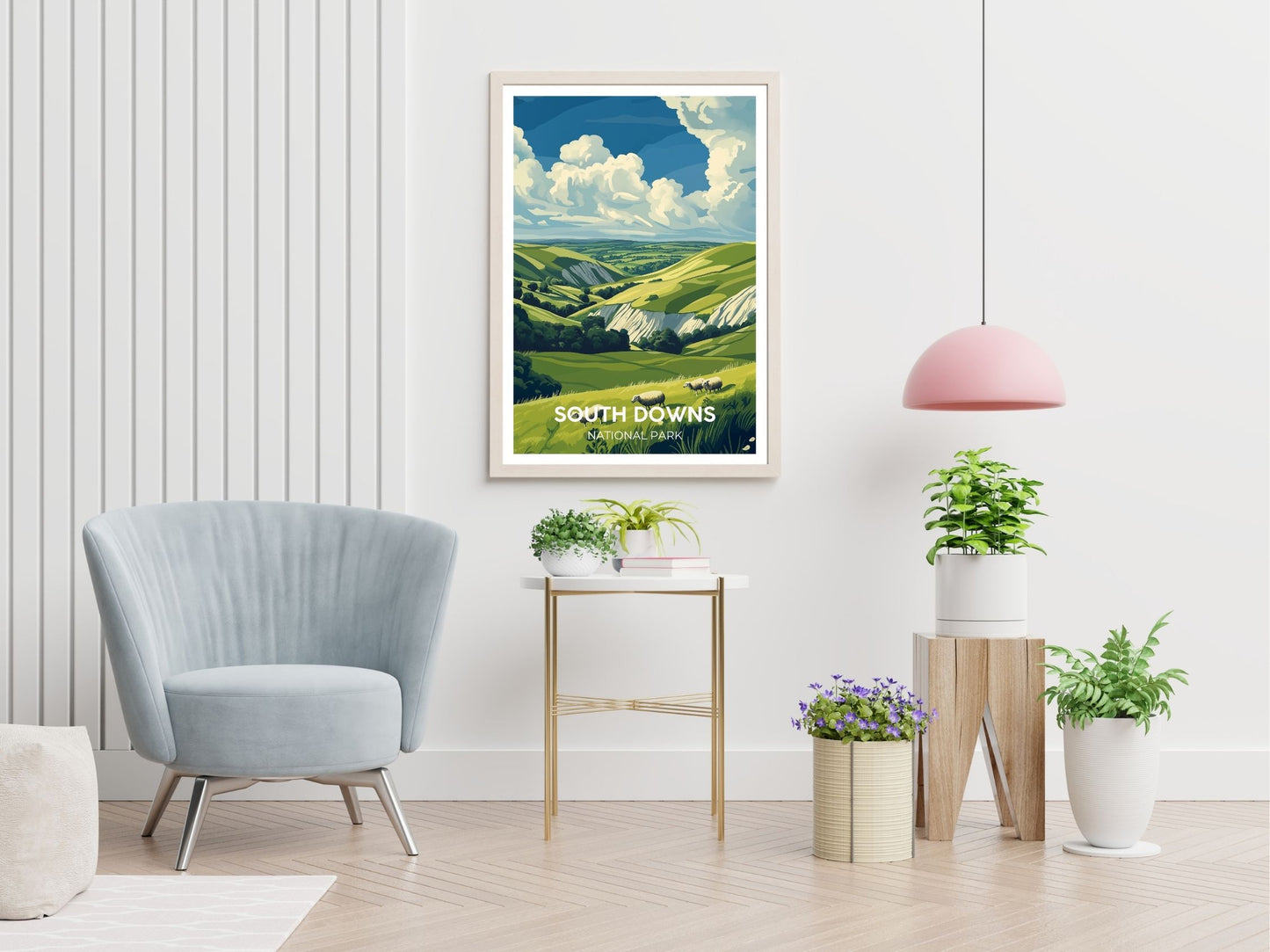 South Downs travel print displayed in living room – Atlas Prints
