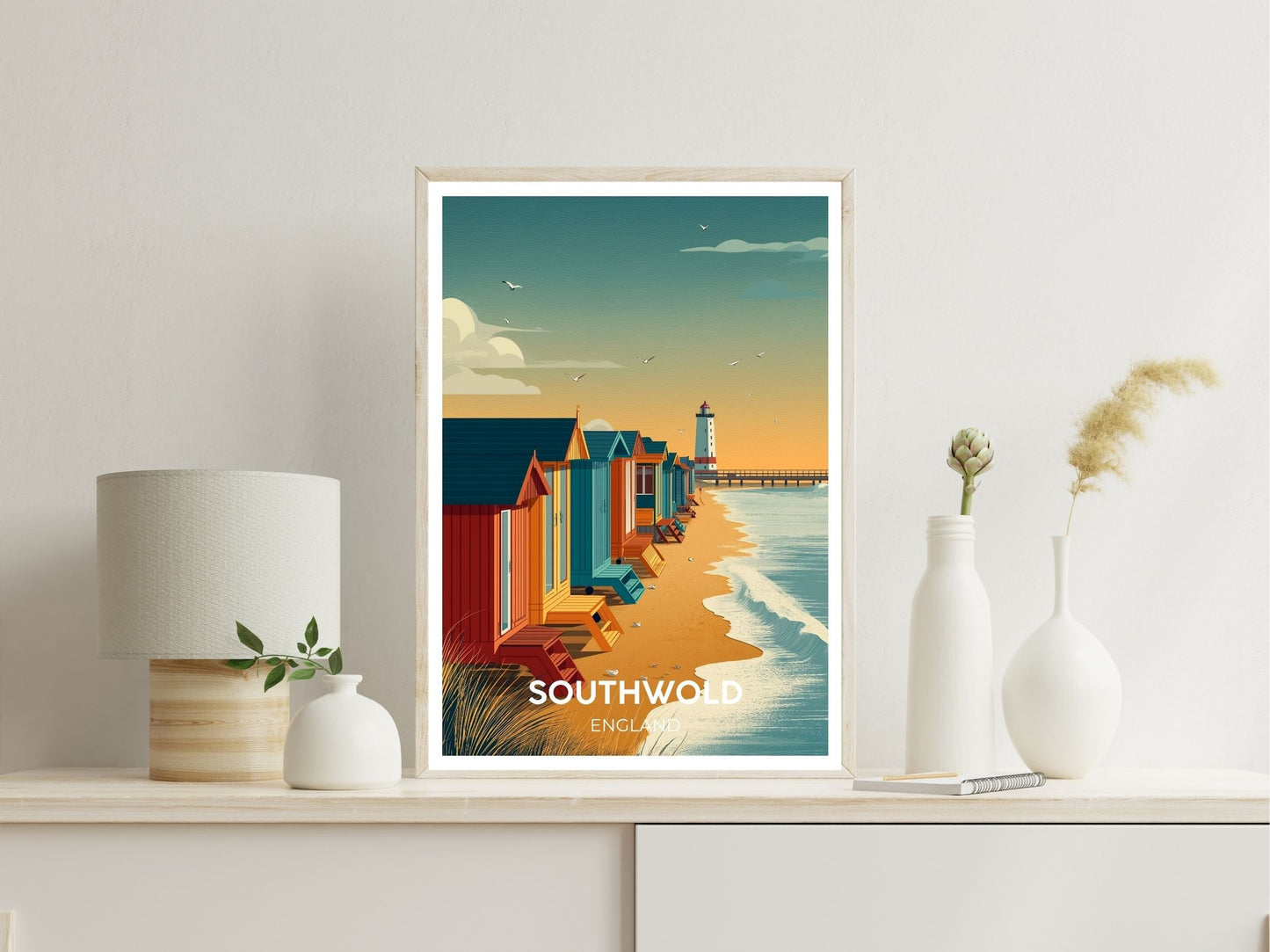 Gallery wall display of Southwold England travel poster – Atlas Prints
