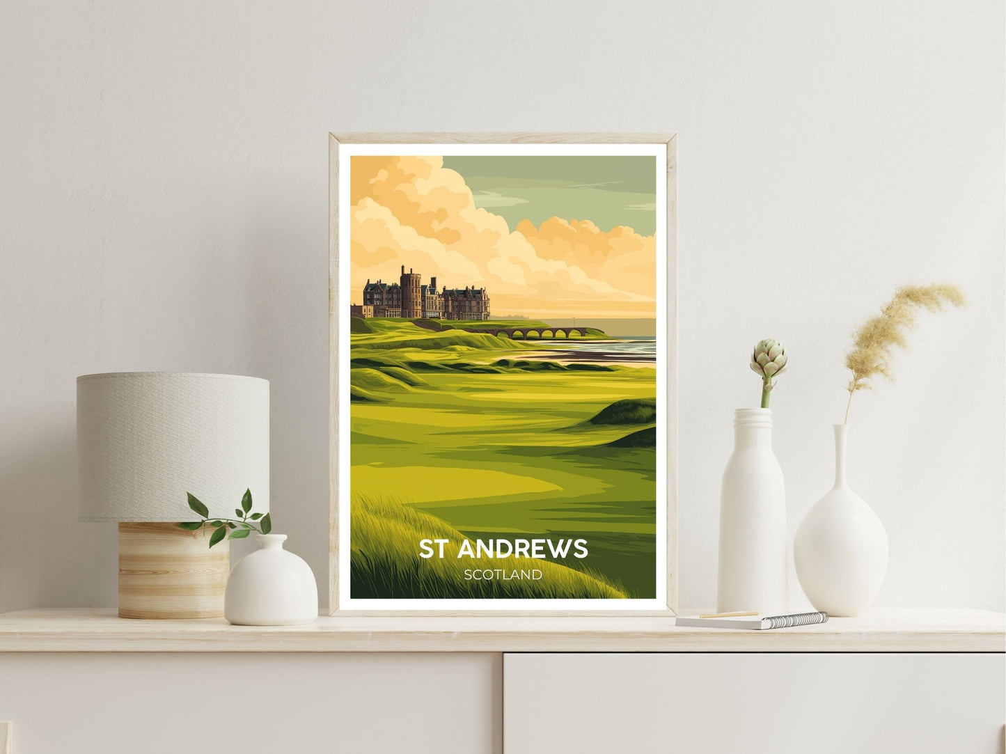 Gallery wall display of St Andrews Scotland travel poster – Atlas Prints