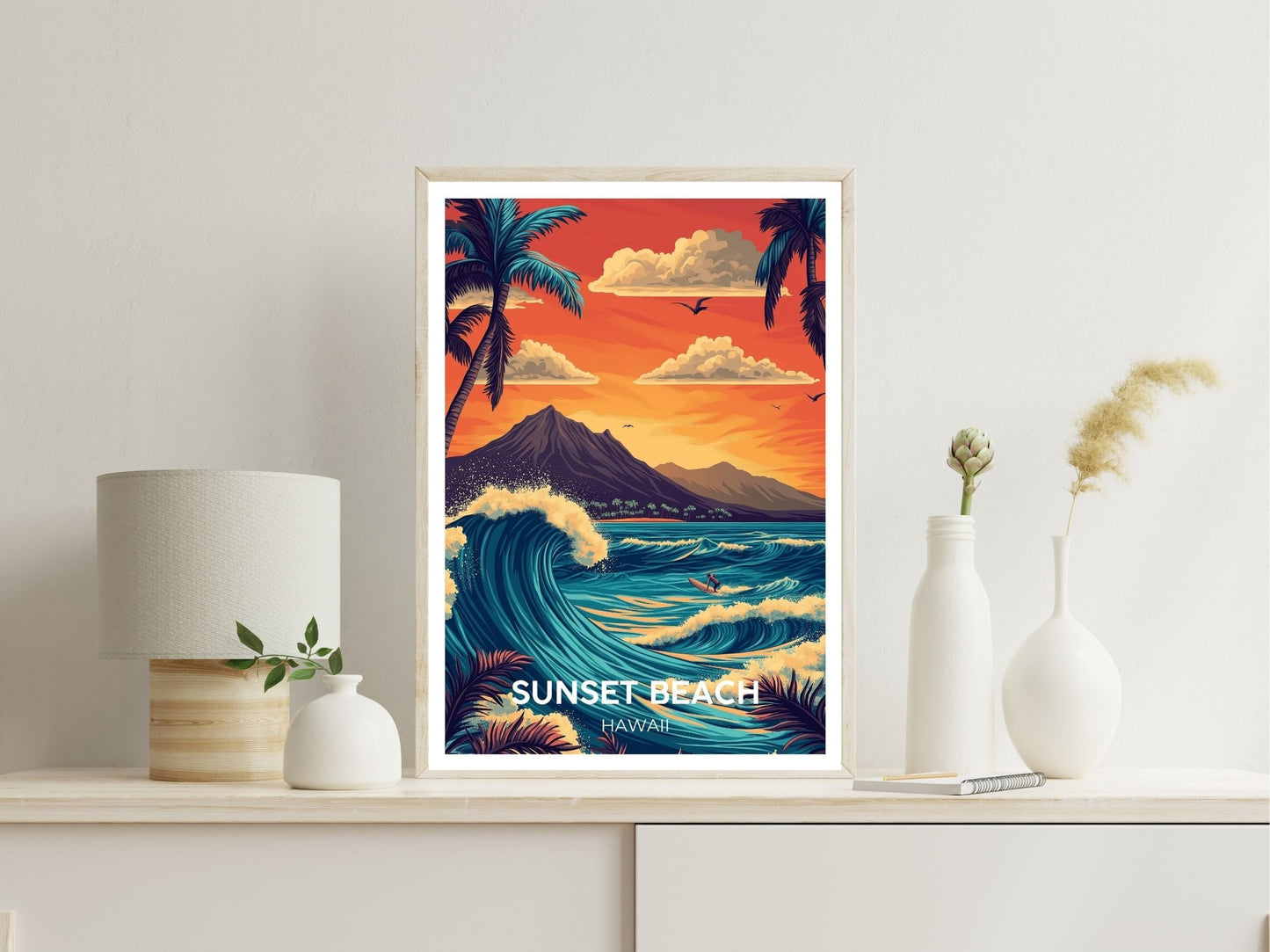 Gallery wall display of Sunset Beach travel poster – Atlas Prints