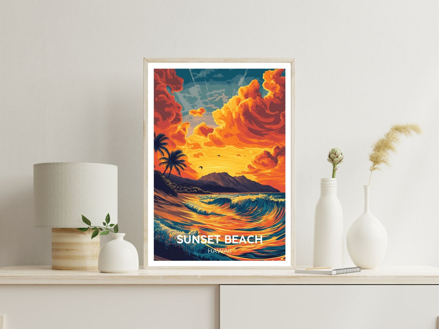 Gallery wall display of Sunset Beach Hawaii travel poster – Atlas Prints