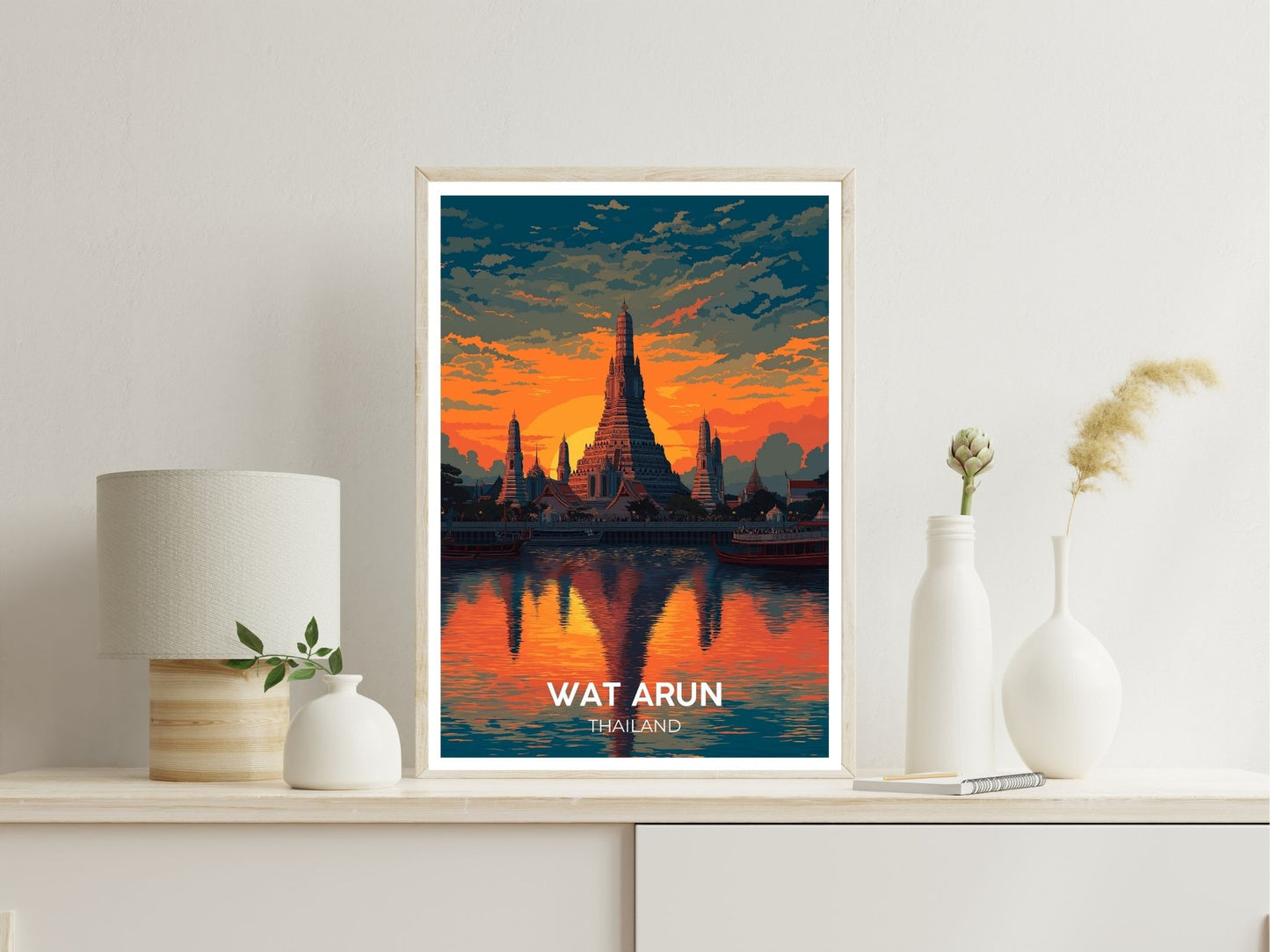 Wat Arun Thailand wall art print displayed in bedroom – Atlas Prints