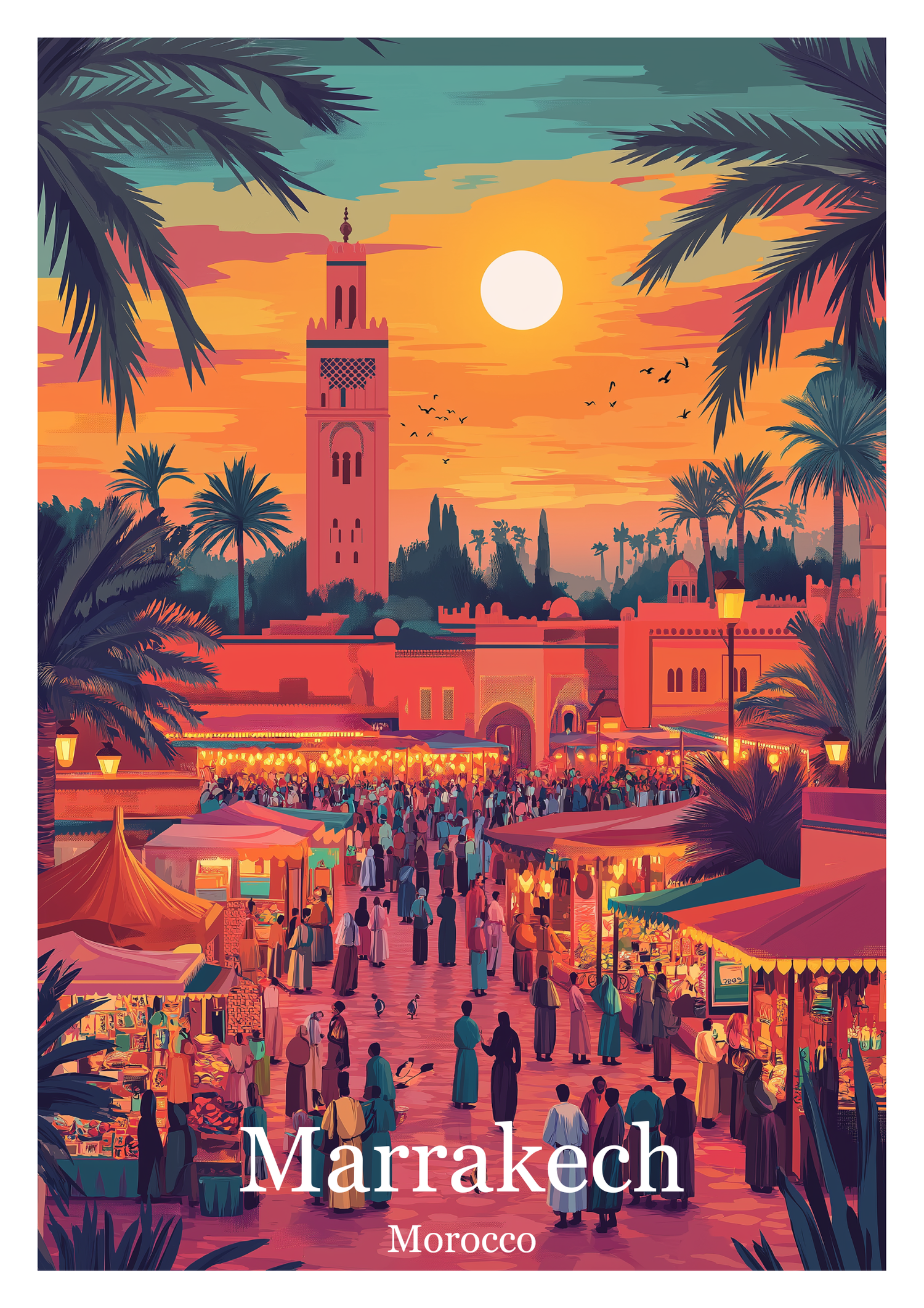 Illustration of a vibrant Marrakech street scene with palm trees and a sunset.