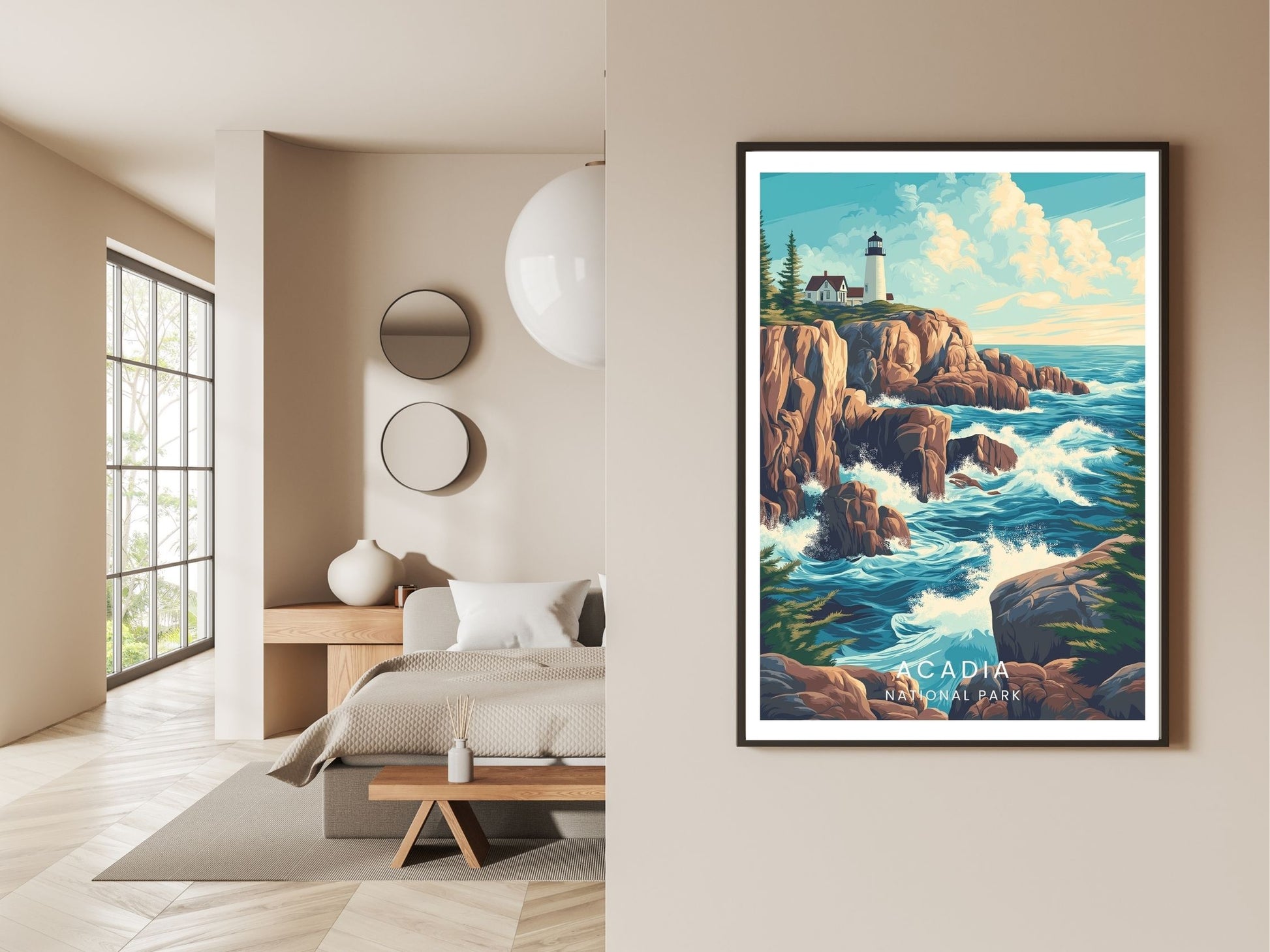 Gallery wall display of Acadia National Park travel poster – Atlas Prints