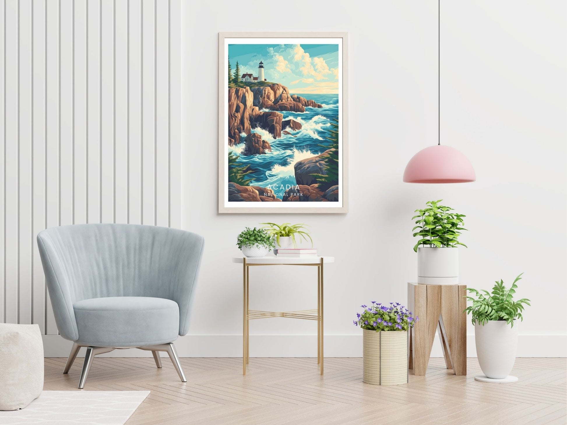 Acadia National Park travel print displayed in living room – Atlas Prints