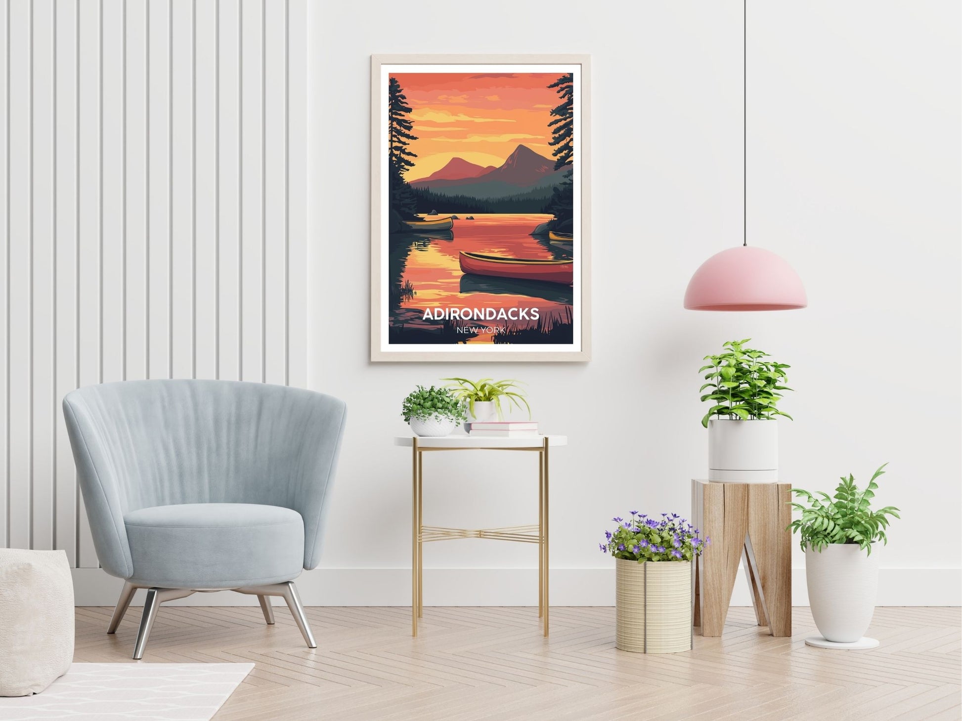 Adirondacks New York travel print displayed in living room – Atlas Prints