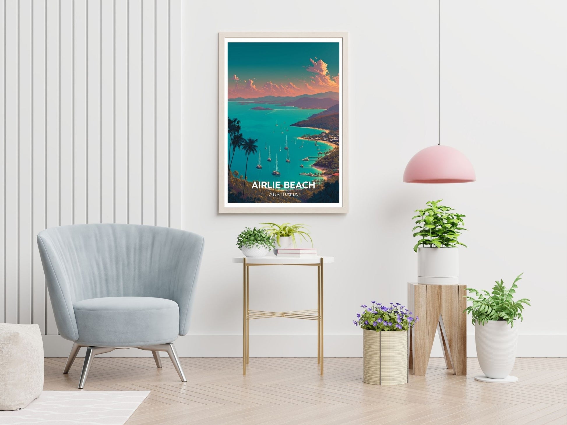 Airlie Beach Australia travel print displayed in living room – Atlas Prints