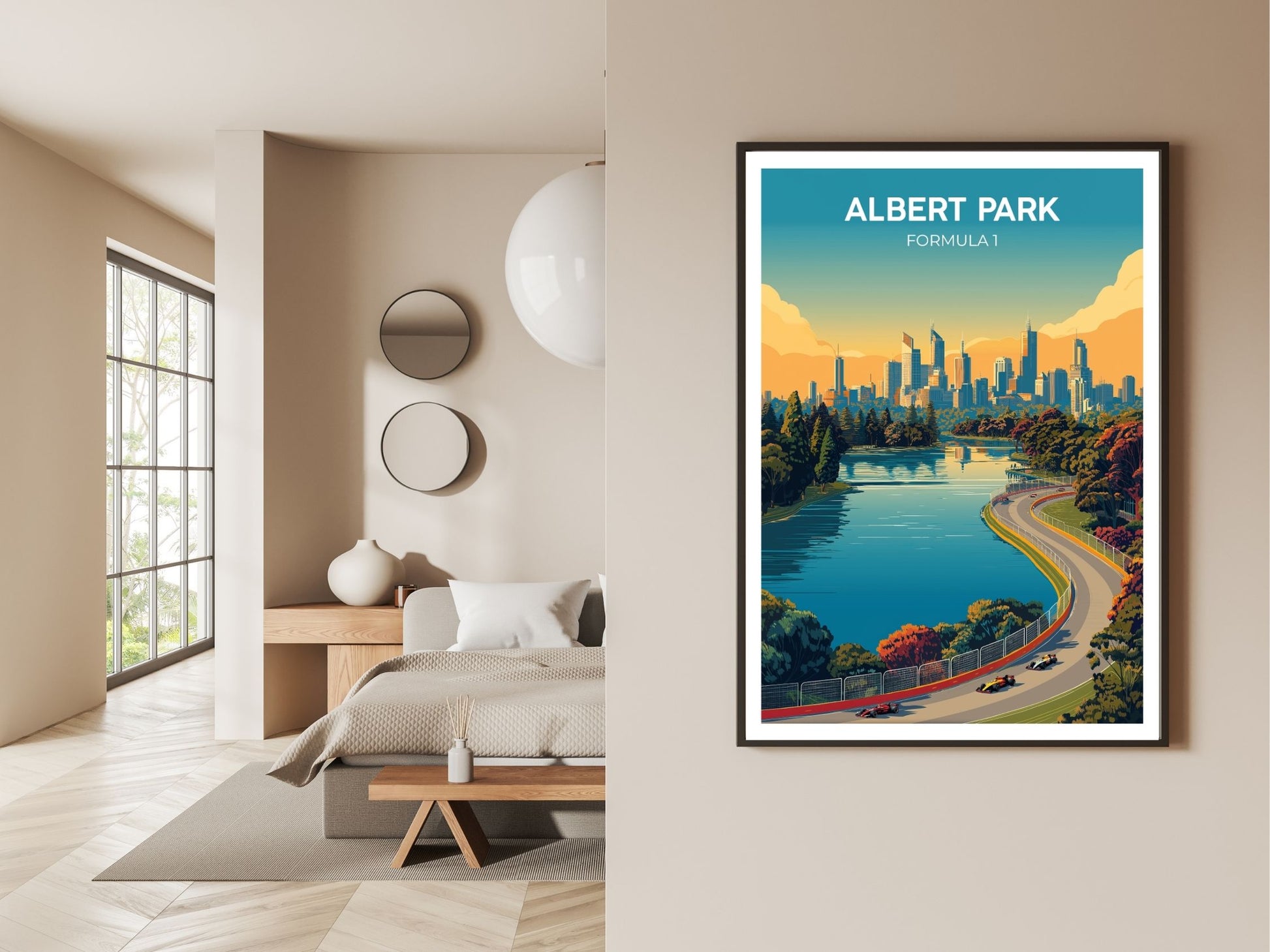 Gallery wall display of Albert Park F1 Melbourne travel poster – Atlas Prints