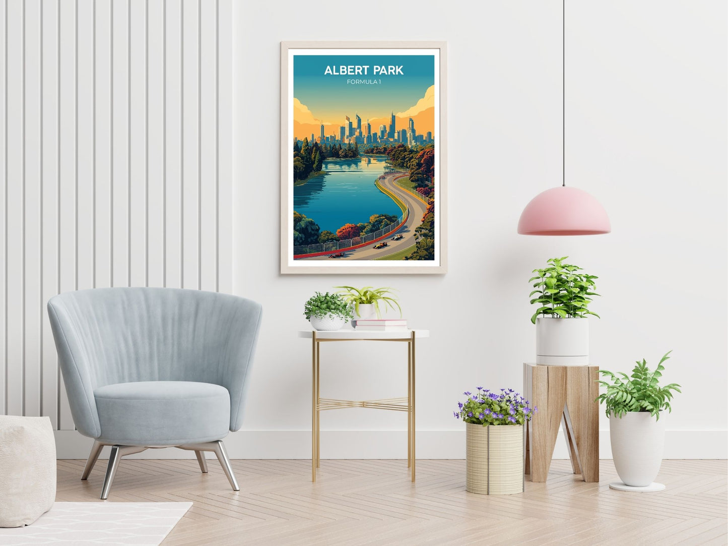 Albert Park F1 Melbourne travel print displayed in living room – Atlas Prints