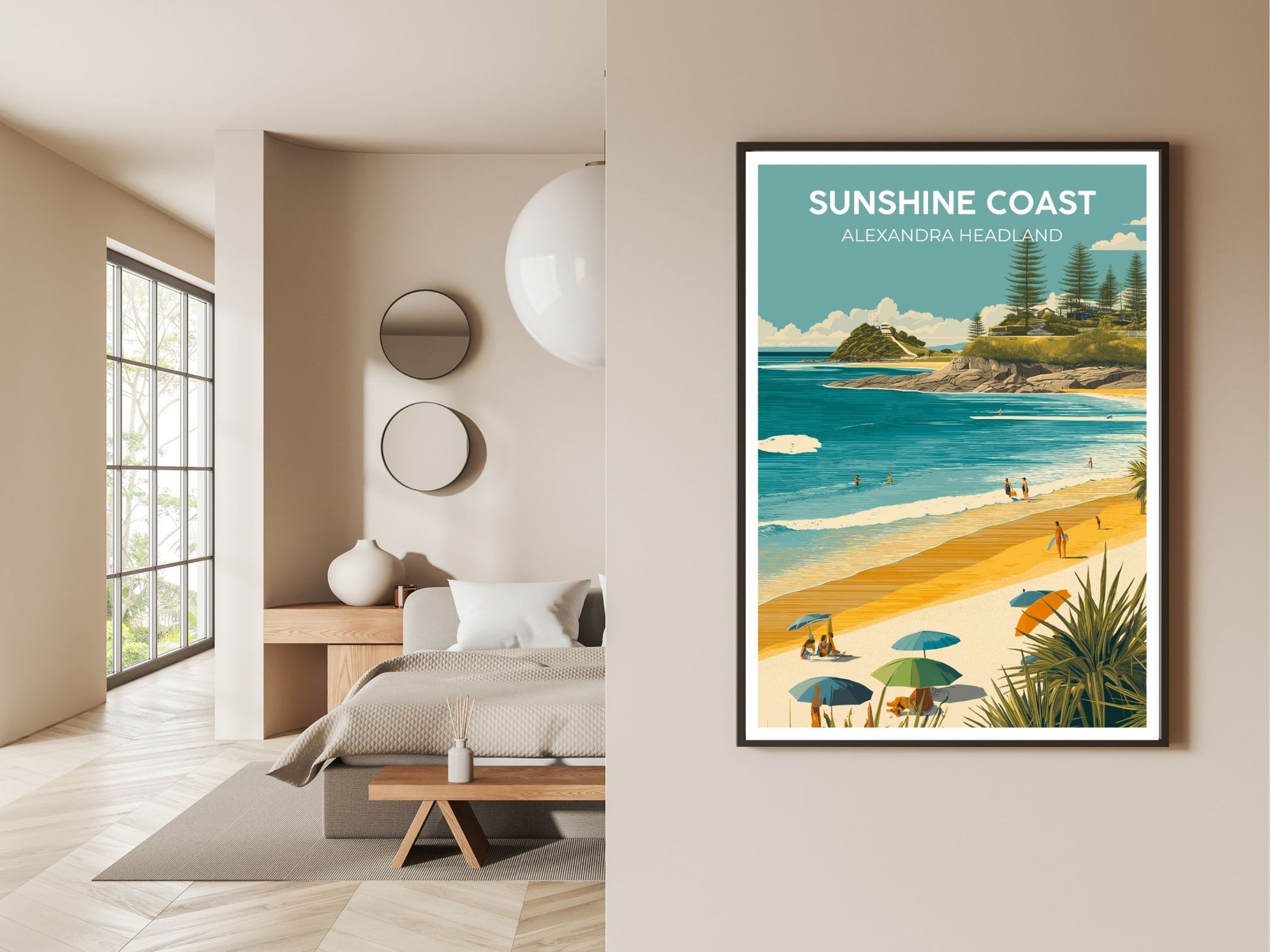 Gallery wall display of Alexandra Headland Sunshine Coast travel poster – Atlas Prints