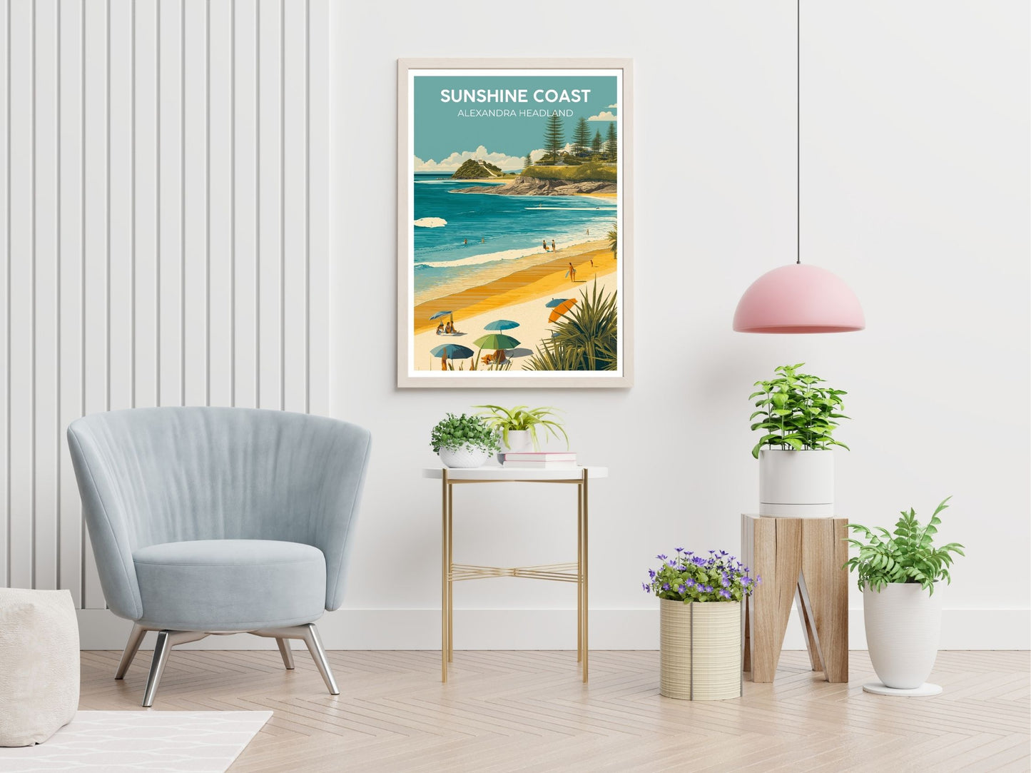 Alexandra Headland Sunshine Coast travel print displayed in living room – Atlas Prints