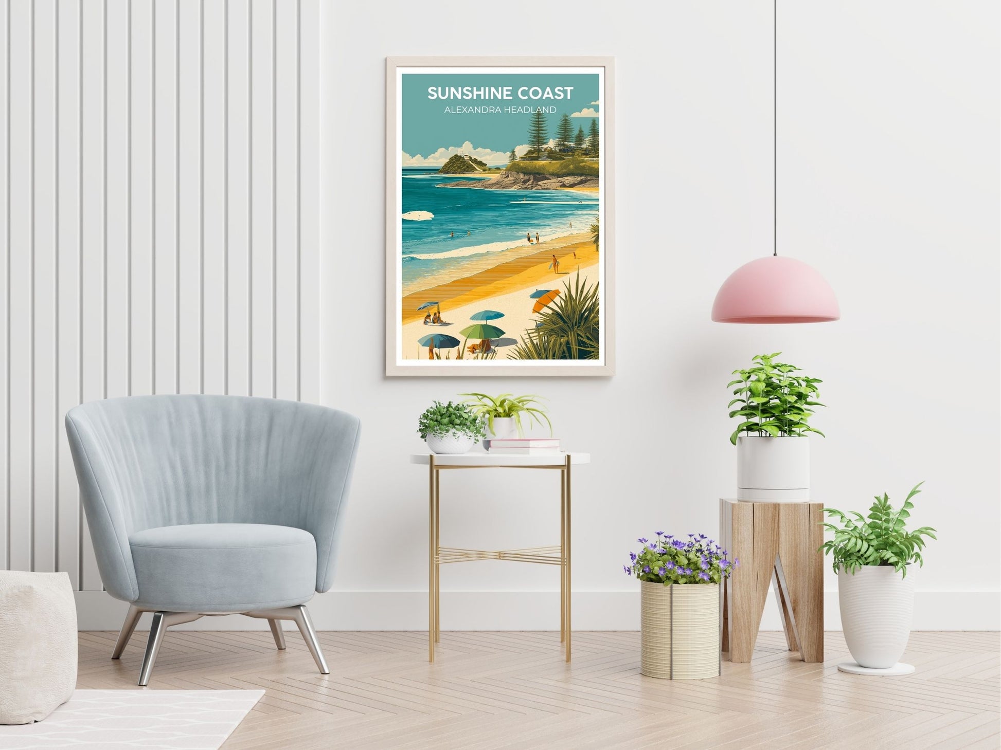 Alexandra Headland Sunshine Coast travel print displayed in living room – Atlas Prints