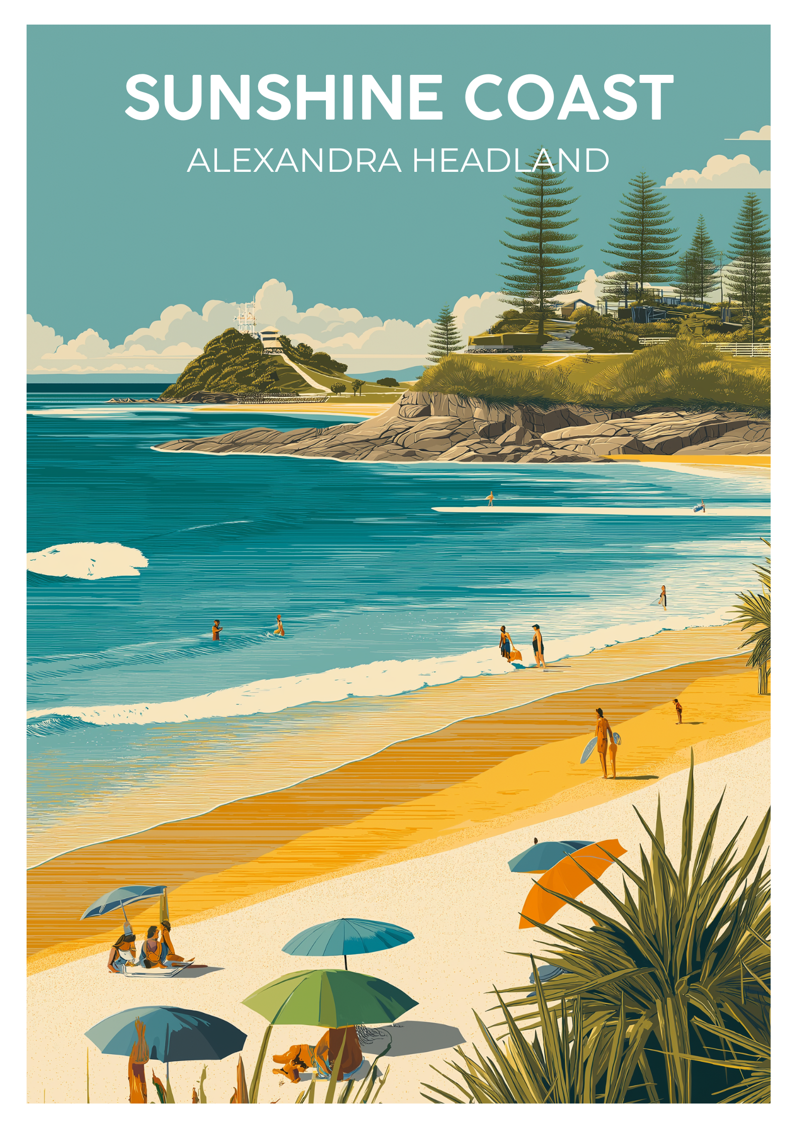 Vintage Alexandra Headland Sunshine Coast travel poster wall art print – Atlas Prints