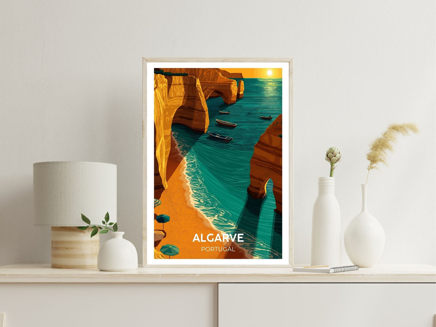Algarve wall art print displayed in bedroom – Atlas Prints