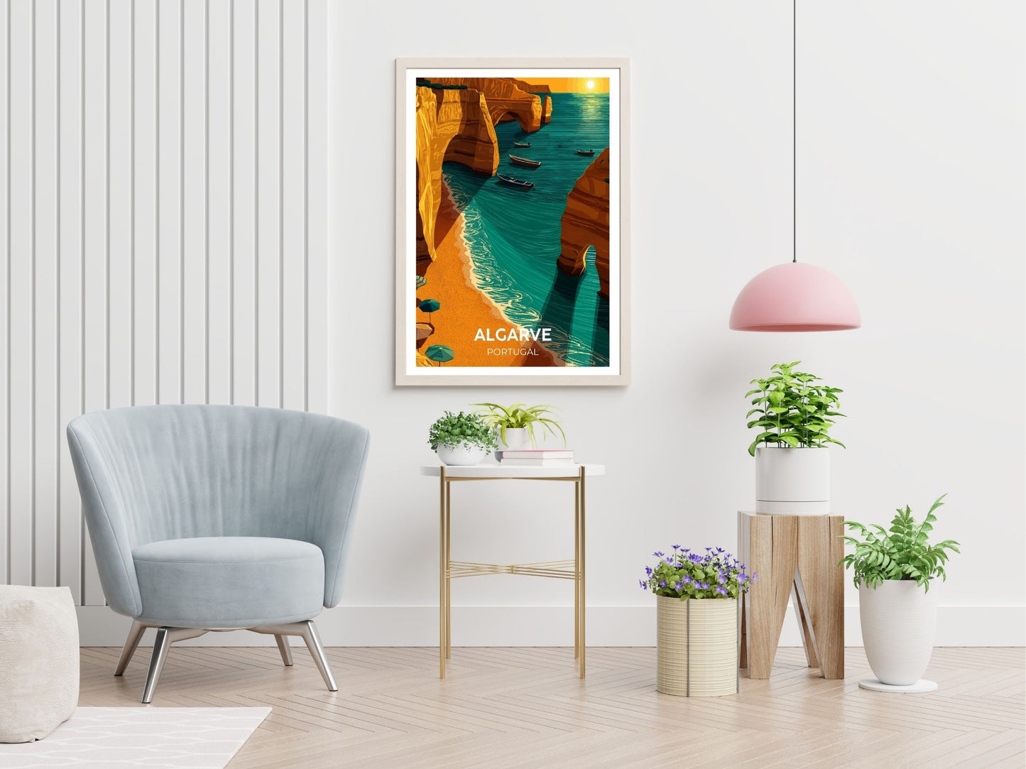 Algarve travel print displayed in living room – Atlas Prints