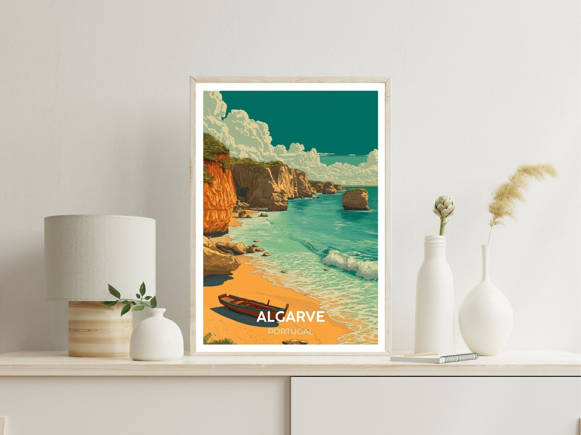 Algarve Portugal wall art print displayed in bedroom – Atlas Prints