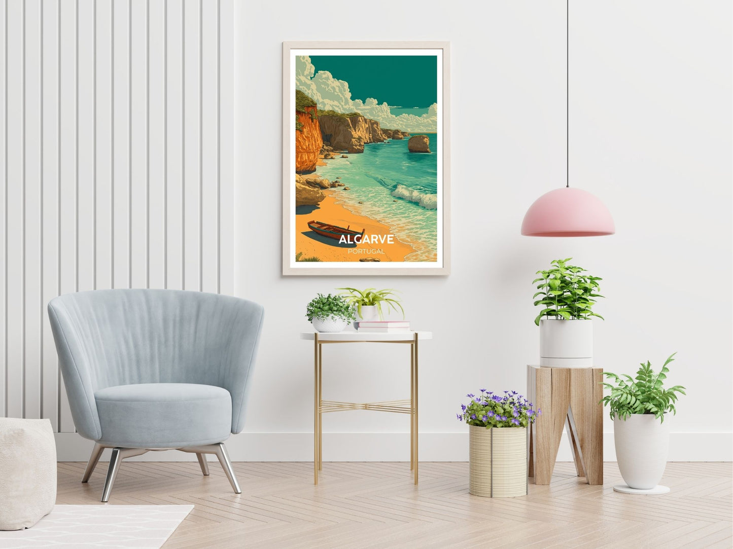 Algarve Portugal travel print displayed in living room – Atlas Prints