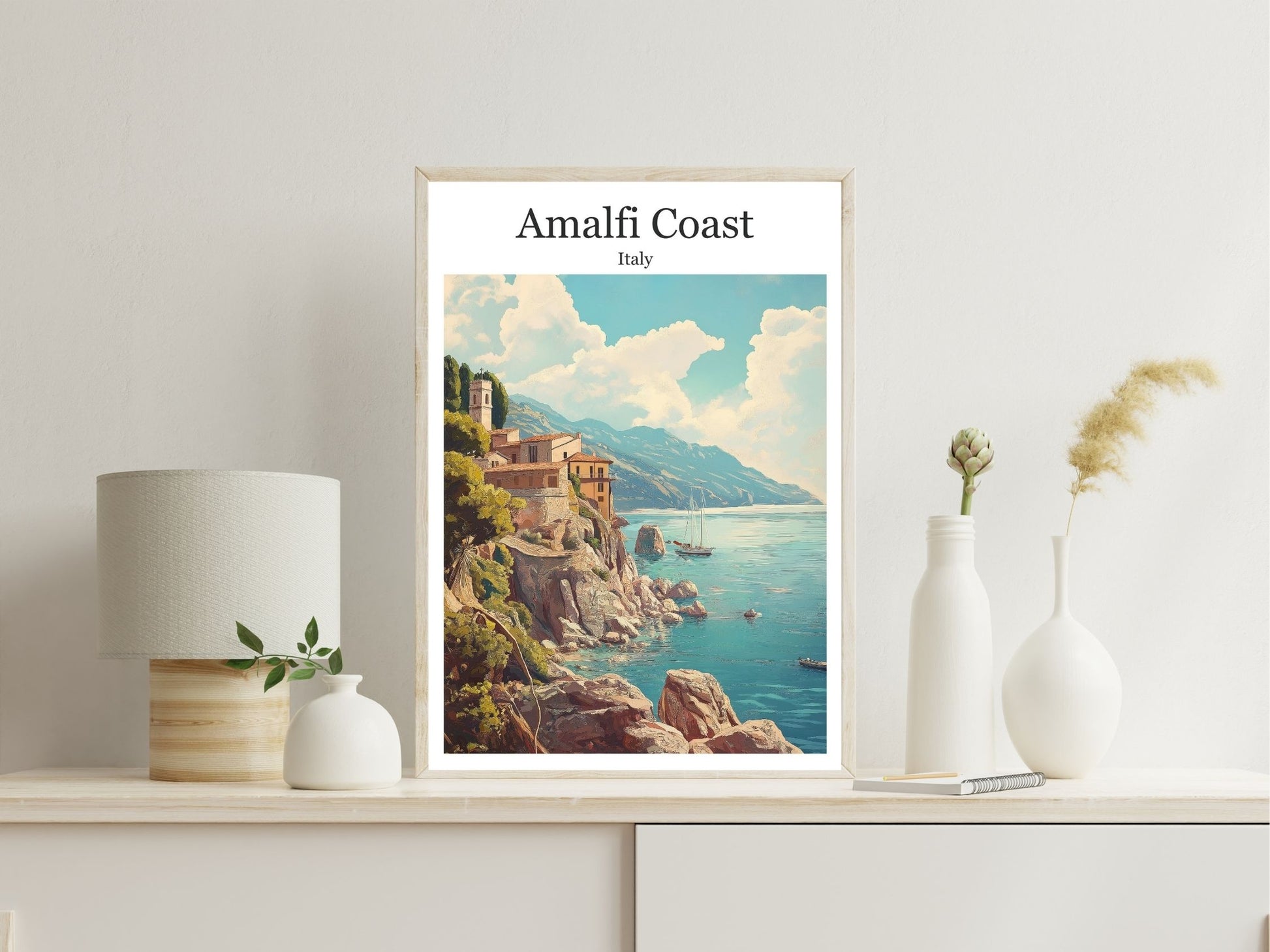 Amalfi Coast wall art print displayed in bedroom – Atlas Prints