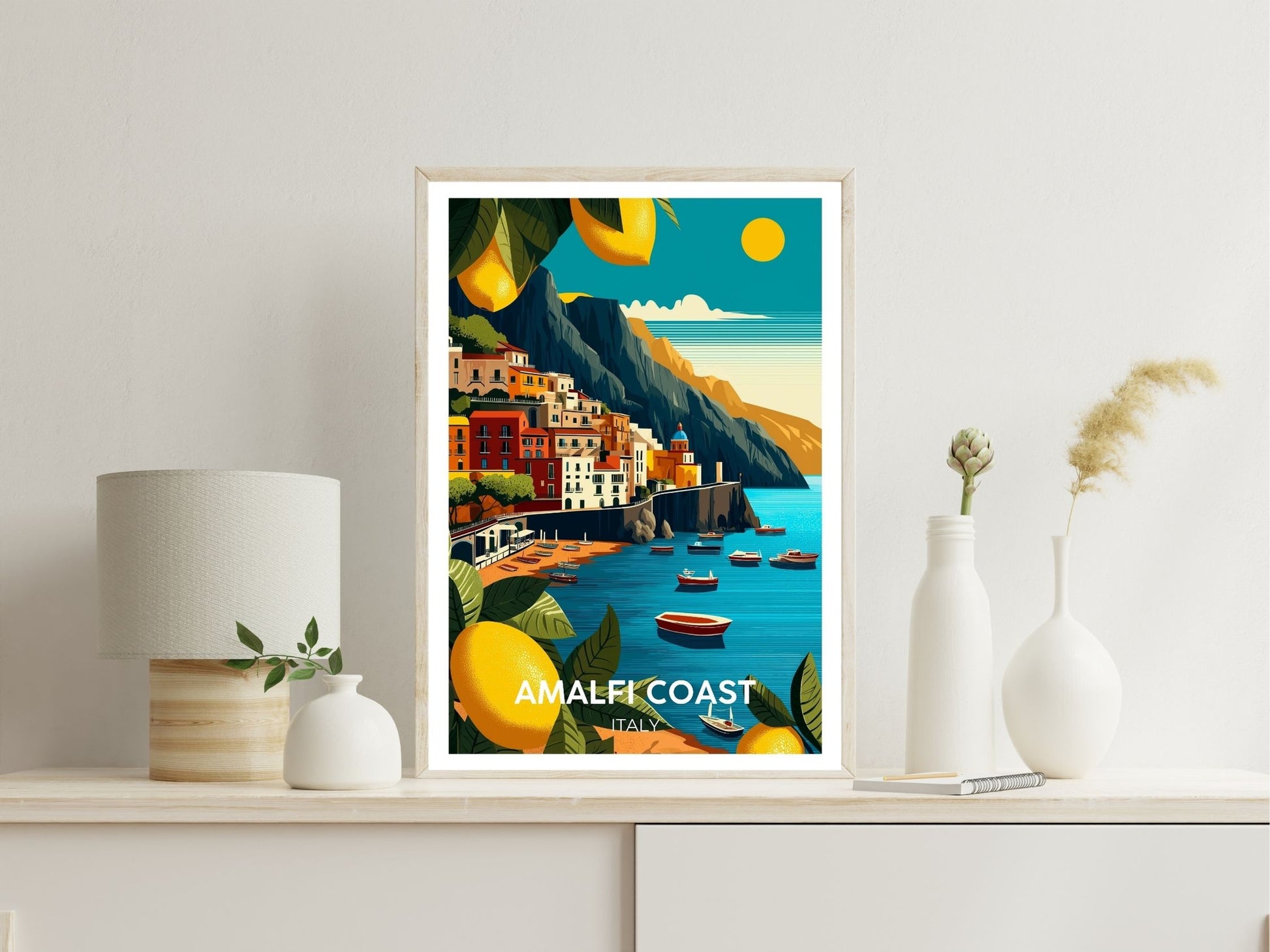 Amalfi Coast Italy wall art print displayed in bedroom – Atlas Prints