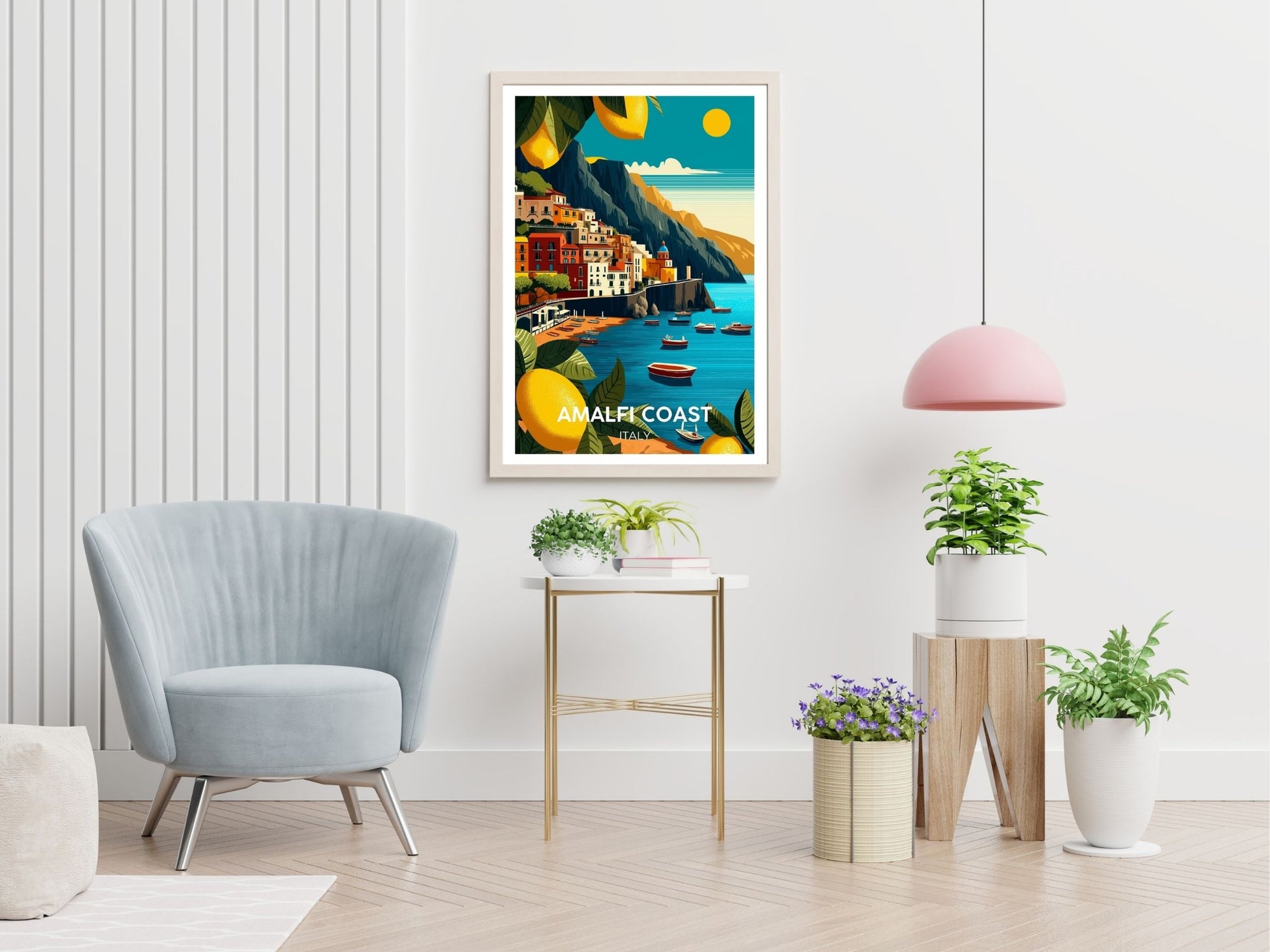 Amalfi Coast Italy travel print displayed in living room – Atlas Prints