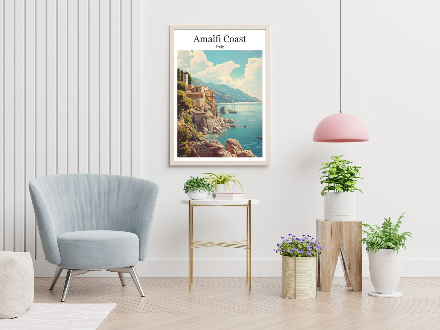 Amalfi Coast travel print displayed in living room – Atlas Prints