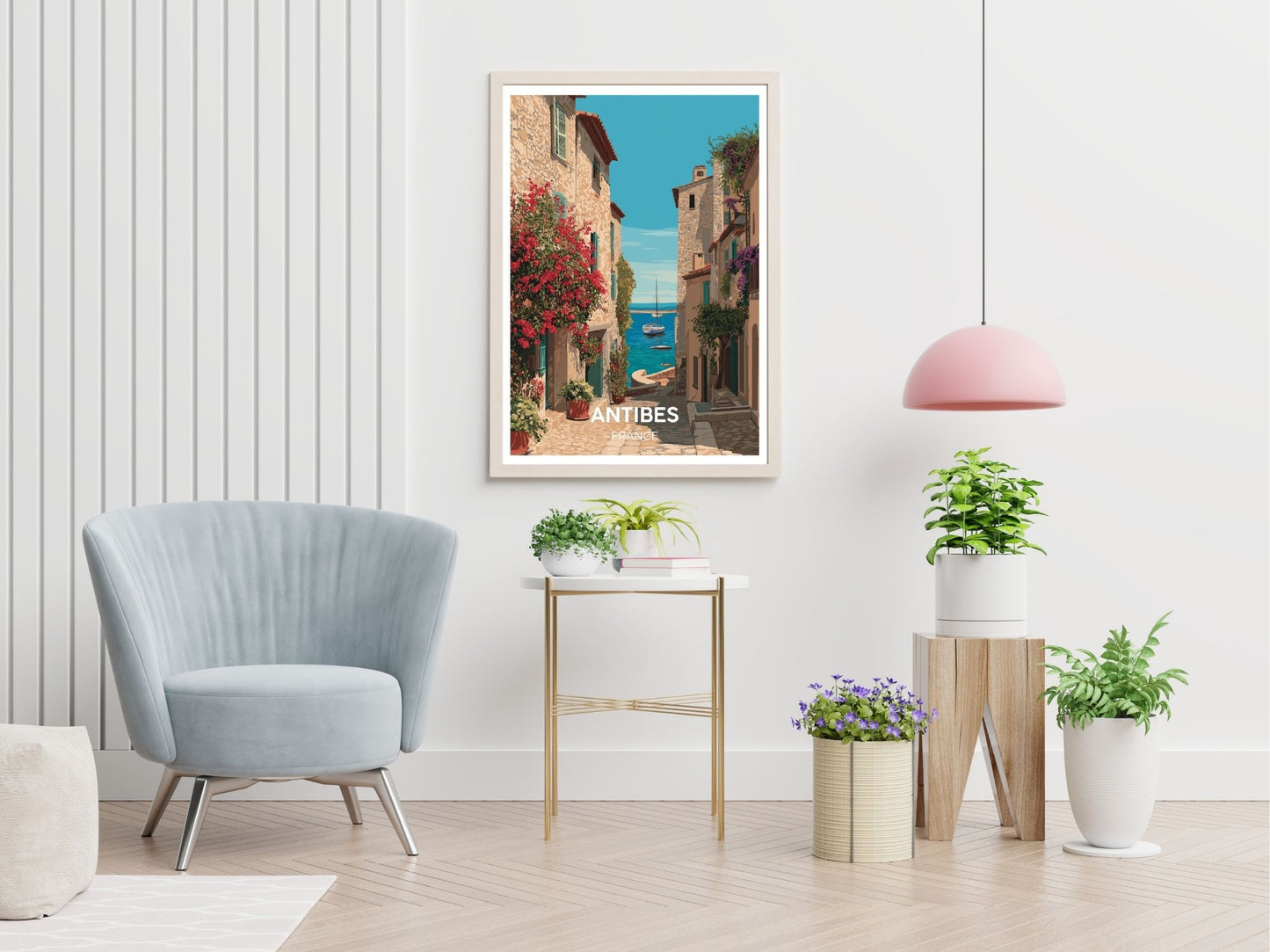 Antibes travel print displayed in living room – Atlas Prints