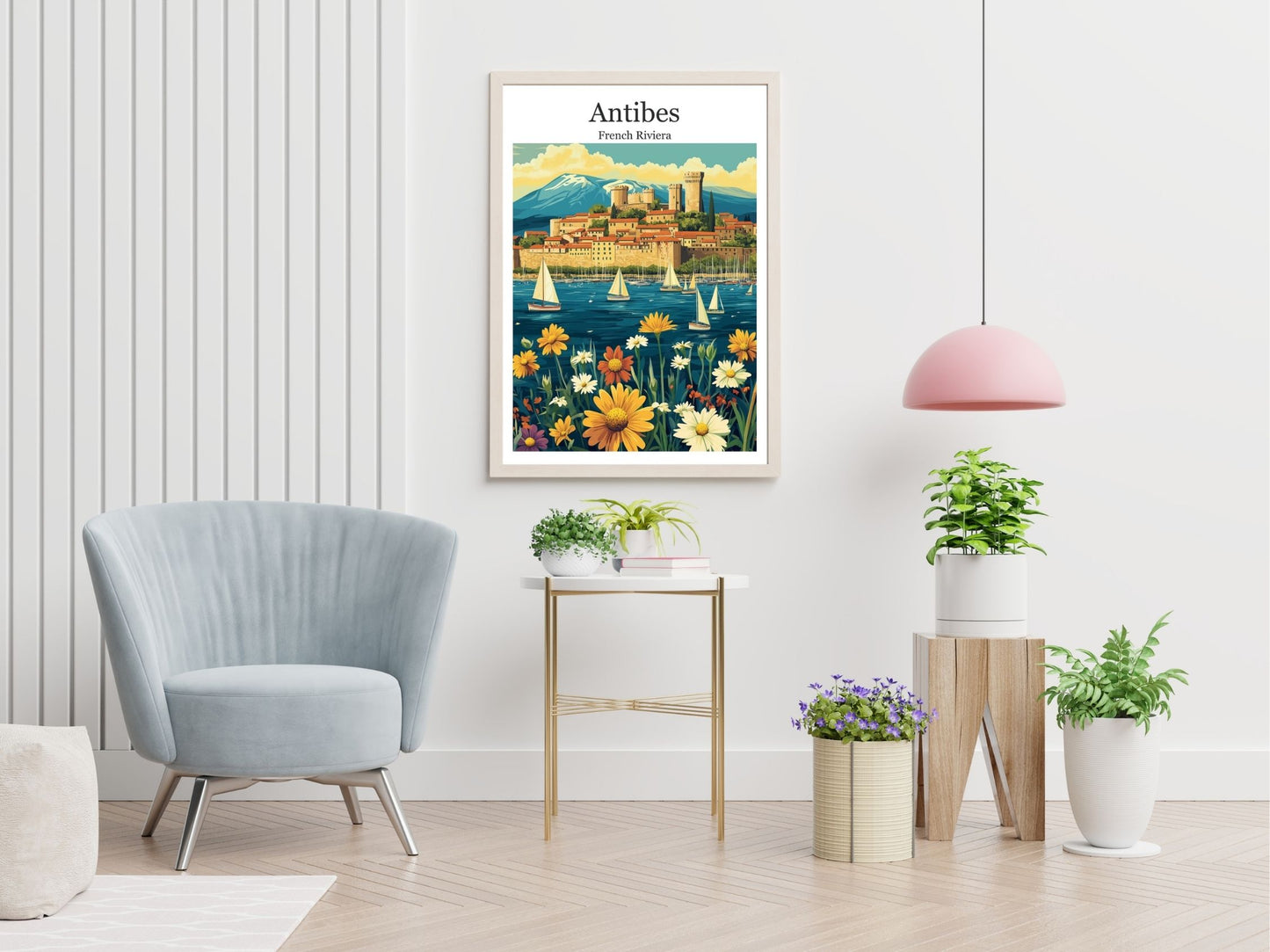 Antibes travel print displayed in living room – Atlas Prints