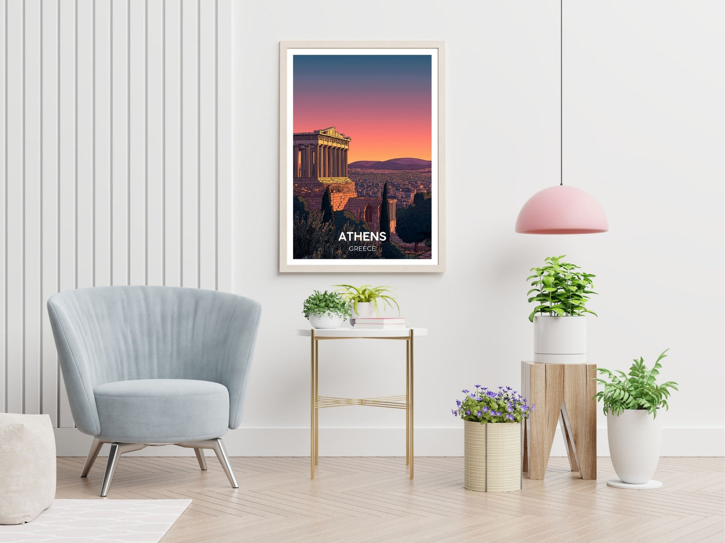 Athens Greece travel print displayed in living room – Atlas Prints