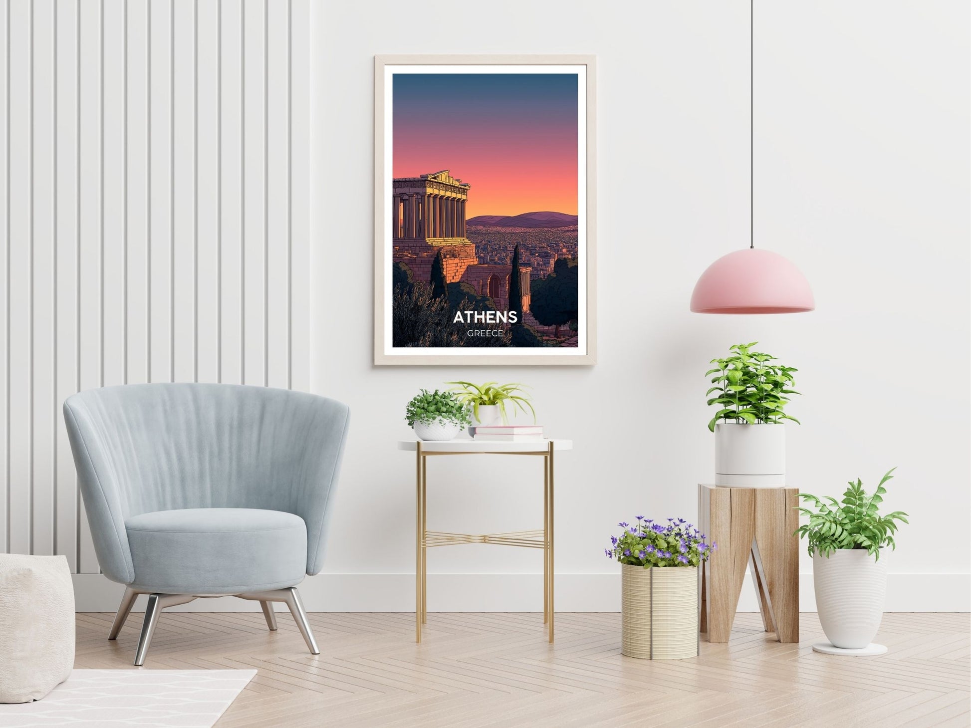 Athens Greece travel print displayed in living room – Atlas Prints