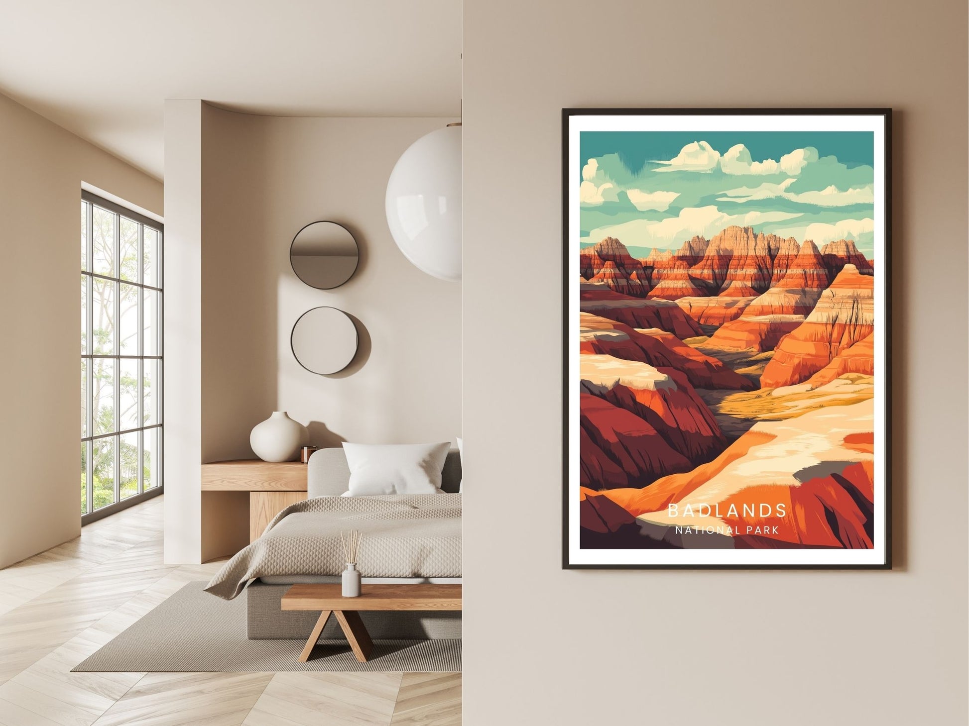 Gallery wall display of Badlands National Park travel poster – Atlas Prints