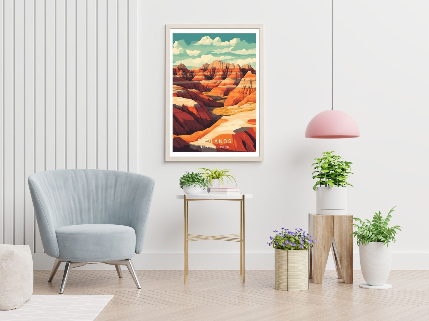 Badlands National Park travel print displayed in living room – Atlas Prints