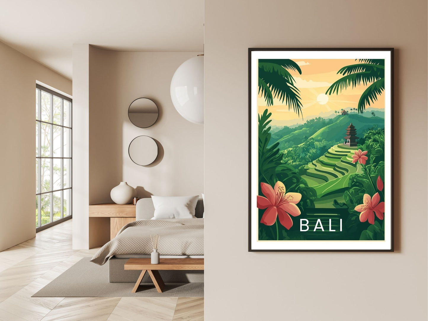 Gallery wall display of Bali Indonesia travel poster – Atlas Prints