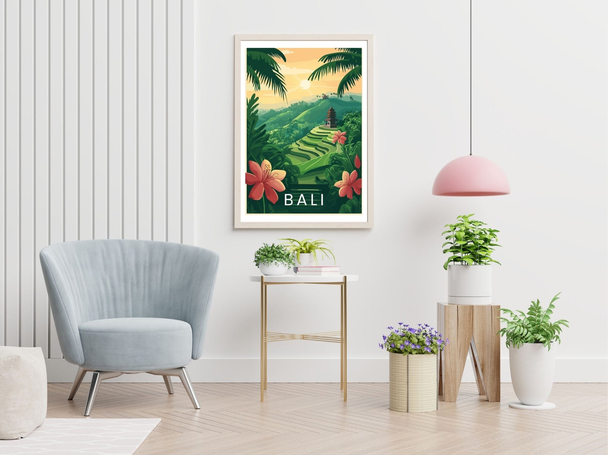 Bali Indonesia travel print displayed in living room – Atlas Prints