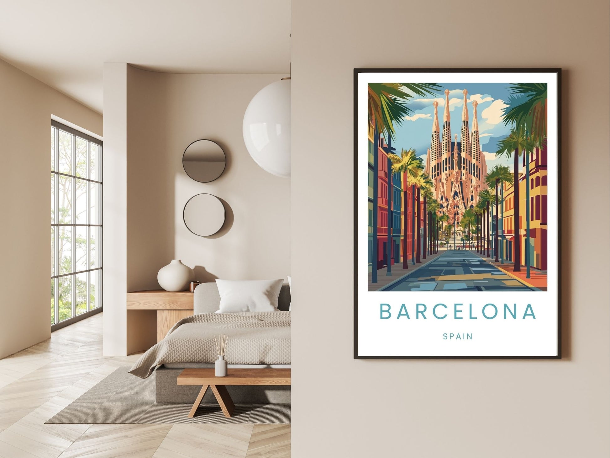 Gallery wall display of Barcelona travel poster – Atlas Prints