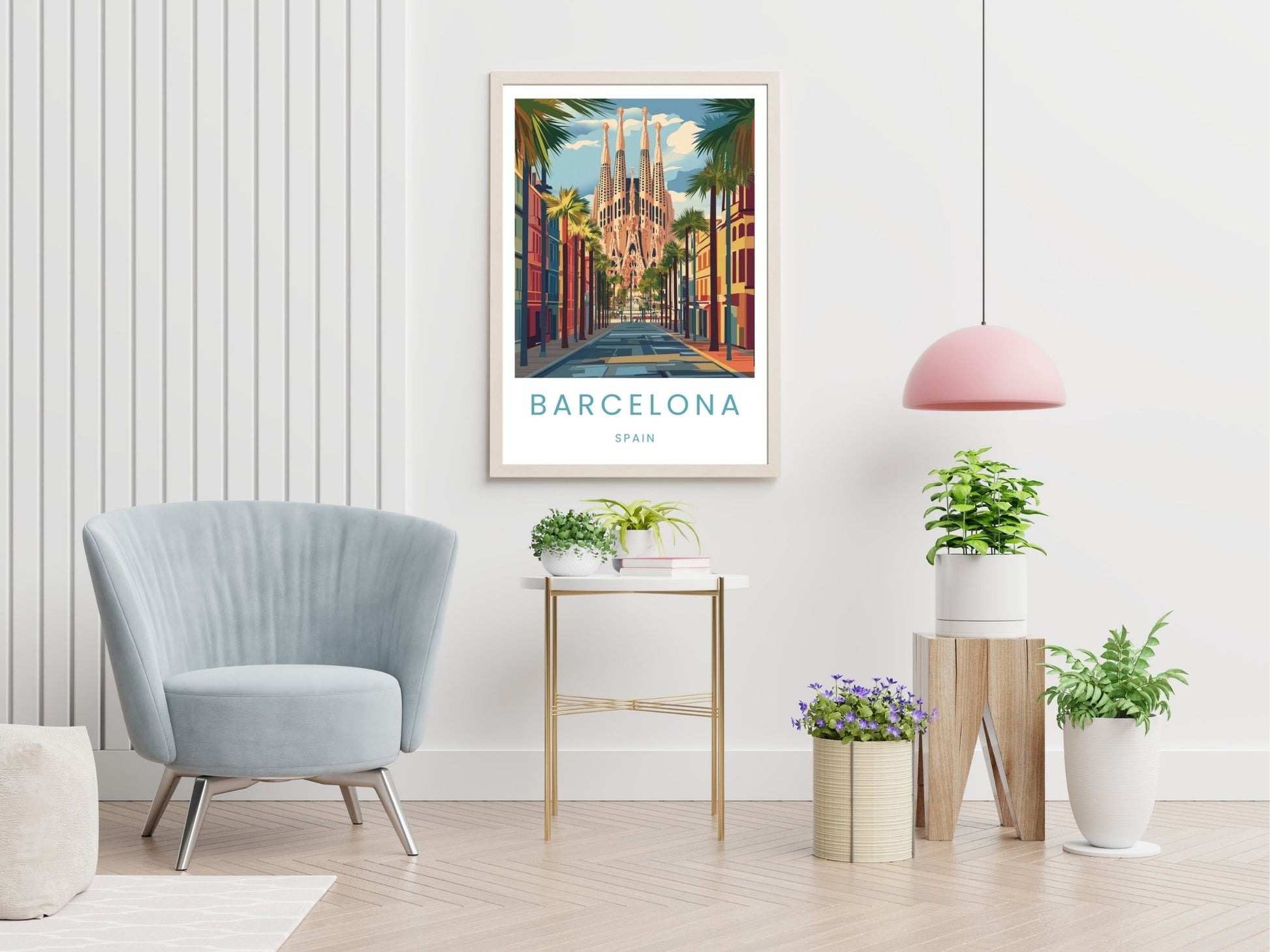 Barcelona travel print displayed in living room – Atlas Prints