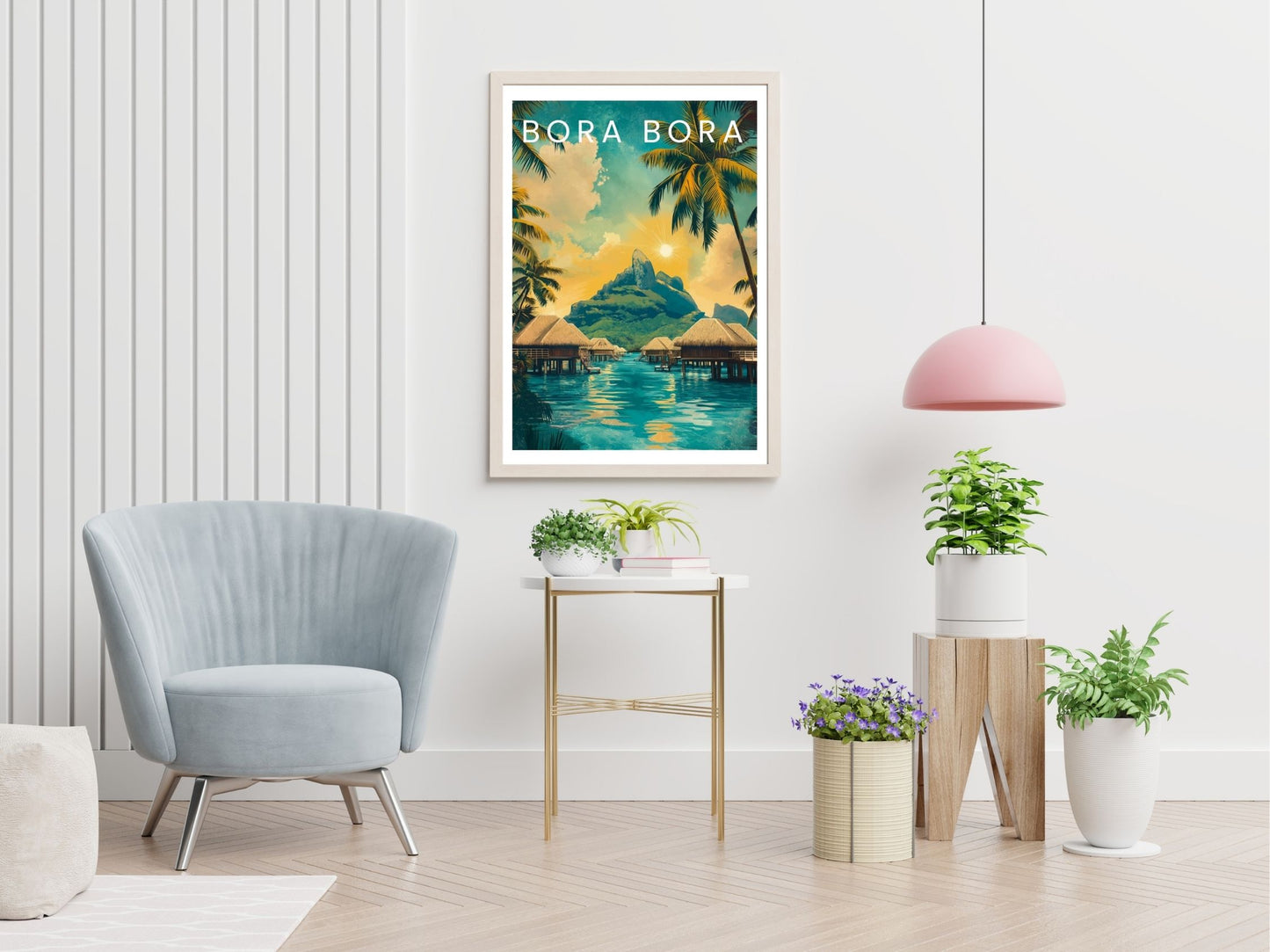 Bora Bora travel print displayed in living room – Atlas Prints