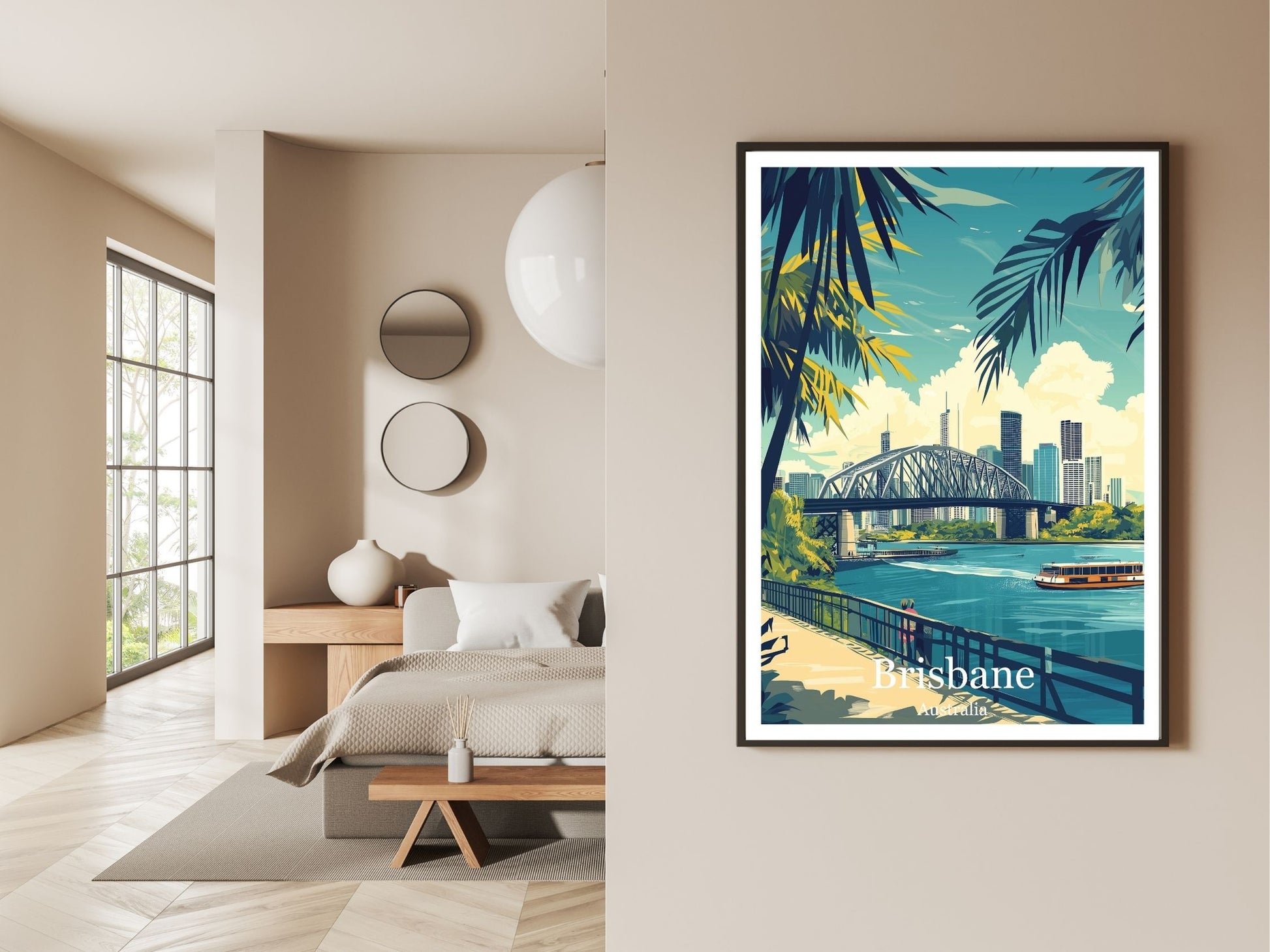 Gallery wall display of Brisbane travel poster – Atlas Prints