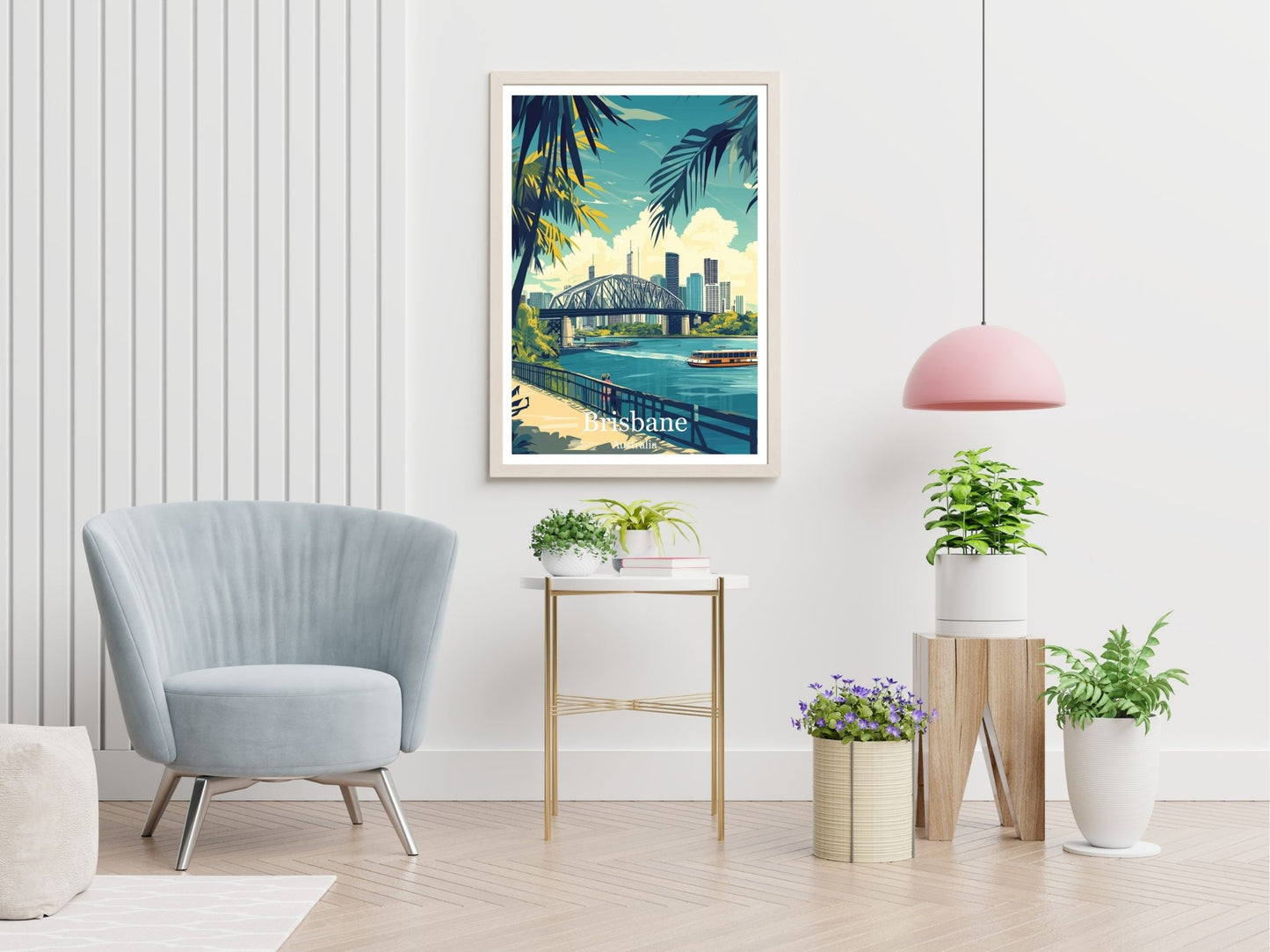 Brisbane travel print displayed in living room – Atlas Prints